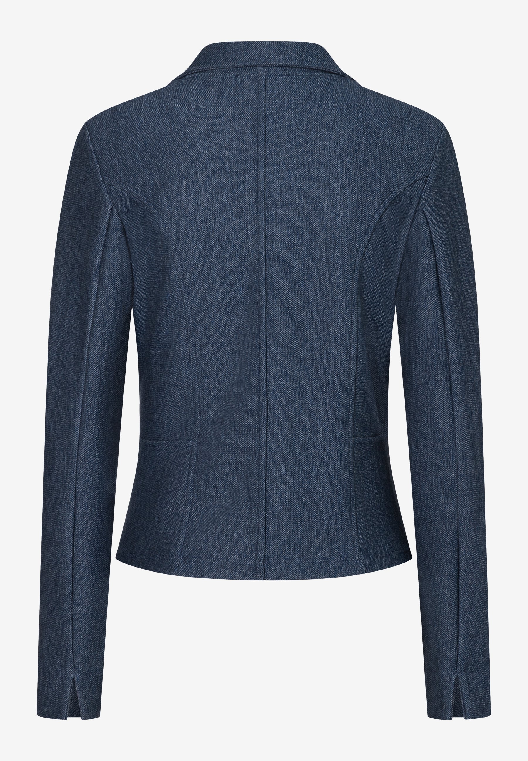 Rückansicht eines blauen Blazers der Marke MORE & MORE aus Piqué-Jersey mit komfortablem, elastischem Material. Rückansicht eines blauen Blazers der Marke MORE & MORE aus Piqué-Jersey mit komfortablem, elastischem Material.