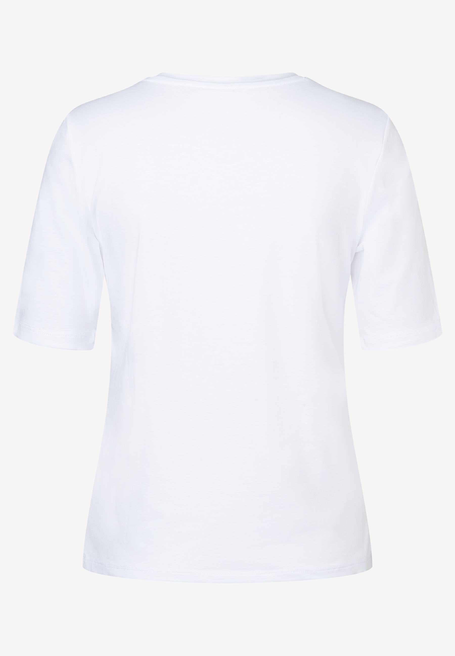 Rückansicht eines weißen MORE & MORE Jersey-T-Shirts mit kurzem Arm. Rückansicht eines weißen MORE & MORE Jersey-T-Shirts mit kurzem Arm.