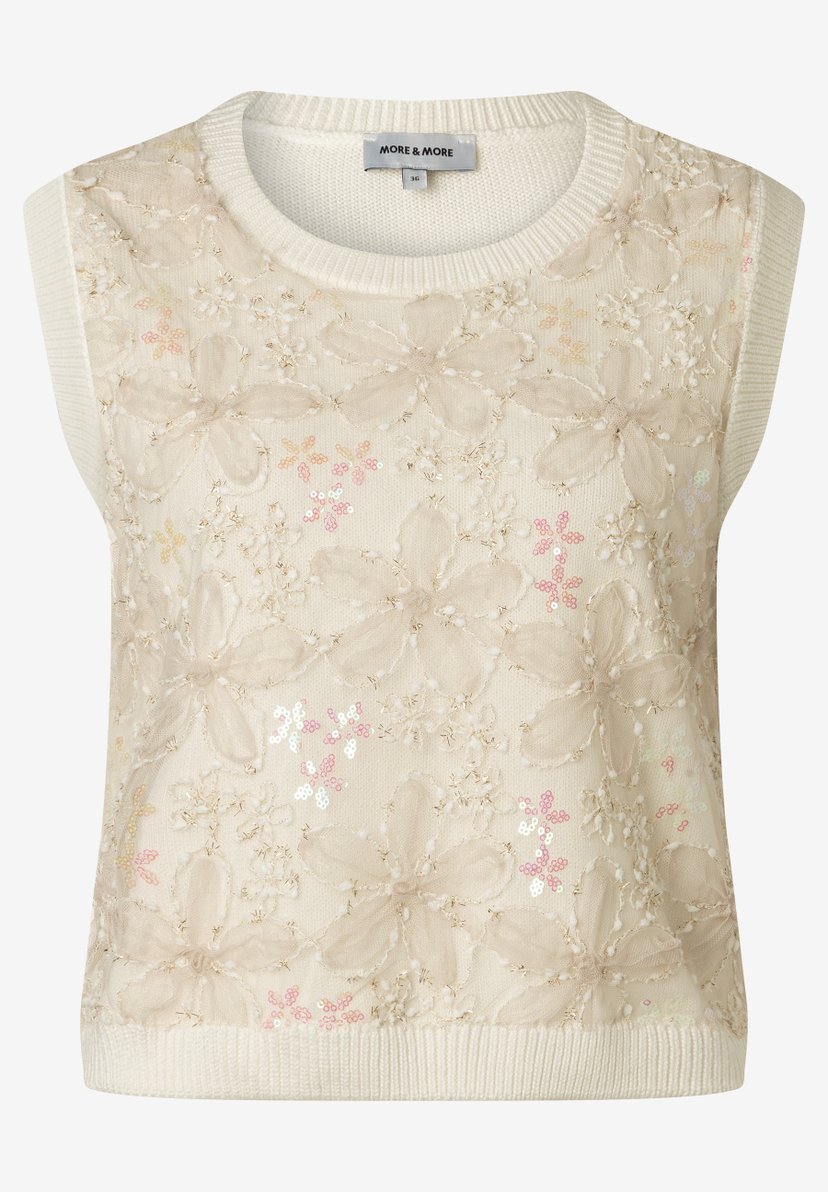 Ärmelloser Strick-Pullunder von MORE & MORE mit Blumenmuster und Pailletten. Ärmelloser Strick-Pullunder von MORE & MORE mit Blumenmuster und Pailletten.
