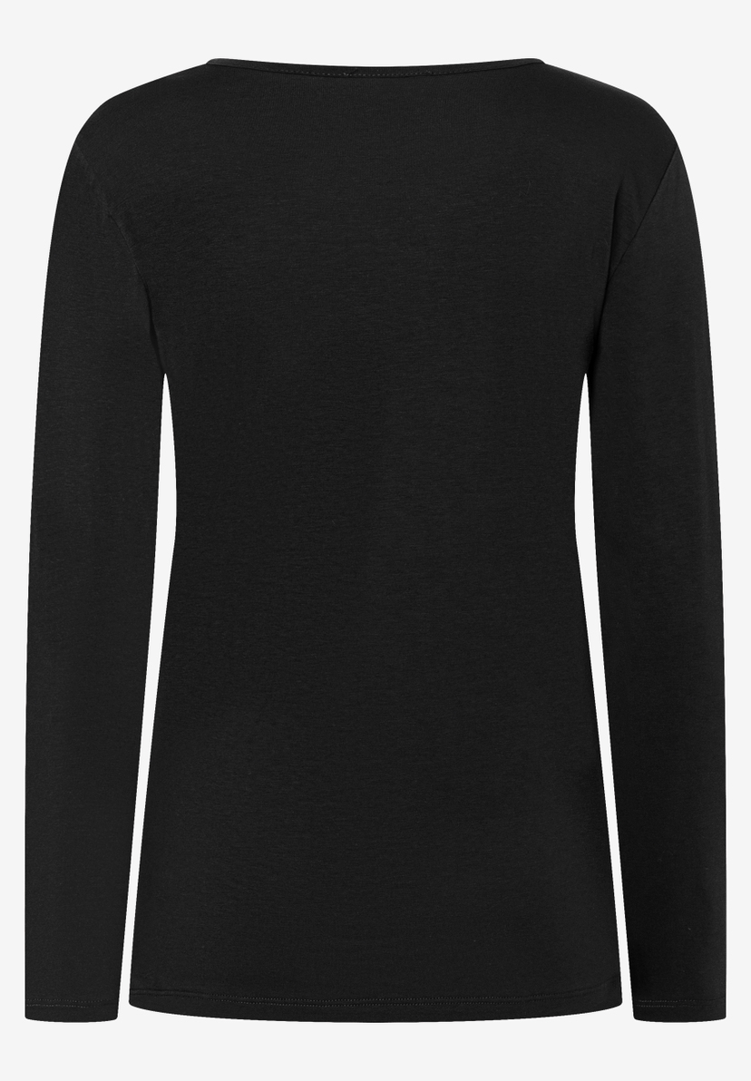 MORE & MORE schwarzes Langarm-T-Shirt mit U-Boot-Ausschnitt, Rückansicht.