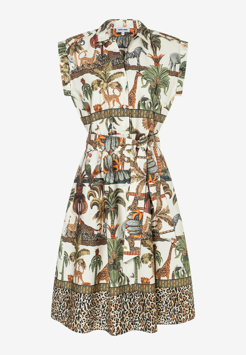 MORE & MORE Kleid im Safari-Look: creme-weiß mit Dschungel-Print, Leoparden, Zebras, Elefanten, Giraffen & Leopardenmuster am Saum. MORE & MORE Kleid im Safari-Look: creme-weiß mit Dschungel-Print, Leoparden, Zebras, Elefanten, Giraffen & Leopardenmuster am Saum.