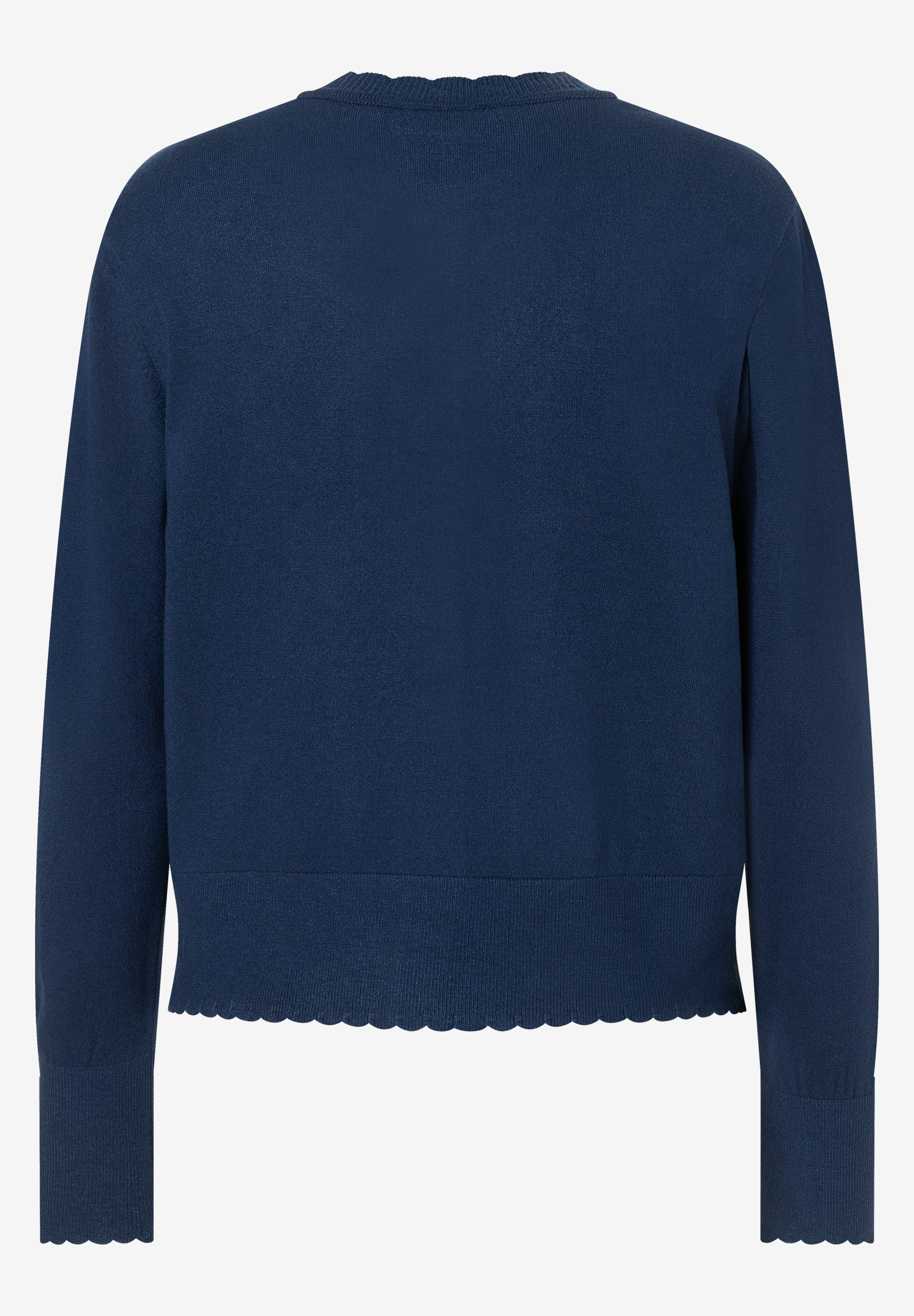 MORE & MORE Damen-Pullover aus Feinstrick in Dunkelblau mit Wellensaum und Rüschenkragen. MORE & MORE Damen-Pullover aus Feinstrick in Dunkelblau mit Wellensaum und Rüschenkragen.