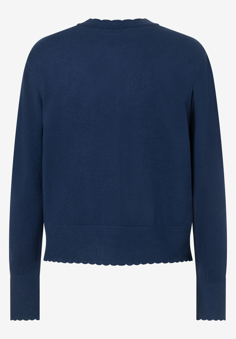 MORE & MORE Damen-Pullover aus Feinstrick in Dunkelblau mit Wellensaum und Rüschenkragen. MORE & MORE Damen-Pullover aus Feinstrick in Dunkelblau mit Wellensaum und Rüschenkragen.