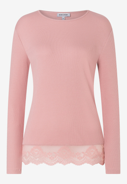 MORE & MORE T-Shirt/Top in Rosa mit Rundhalsausschnitt und Rippstruktur, verziert mit zarter Spitze am Saum.