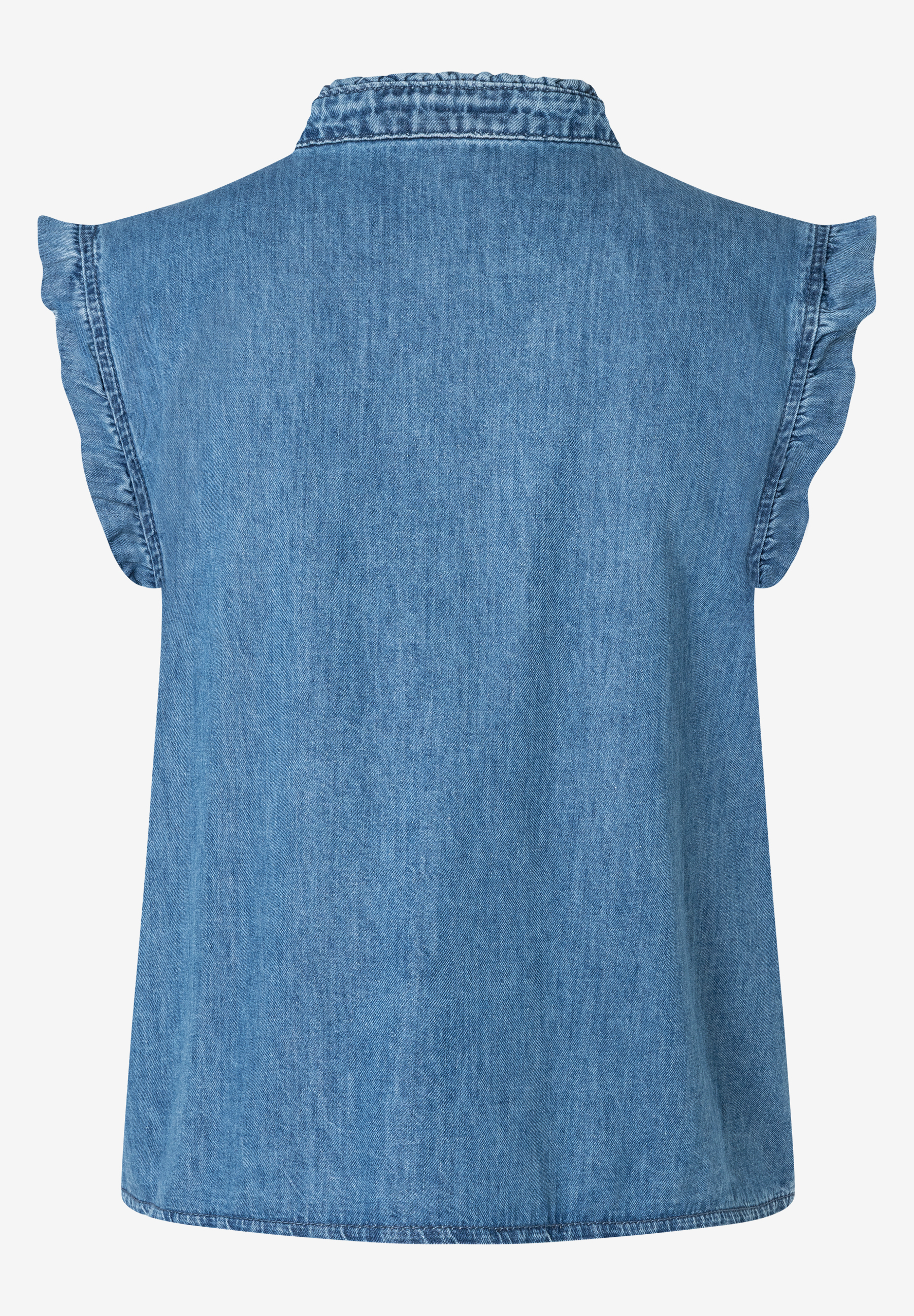 MORE & MORE Damen Denim-Bluse: hellblaues Oberteil aus angenehm weichem Denim, ohne Ärmel, mit kleinen Rüschen am Armausschnitt. MORE & MORE Damen Denim-Bluse: hellblaues Oberteil aus angenehm weichem Denim, ohne Ärmel, mit kleinen Rüschen am Armausschnitt.