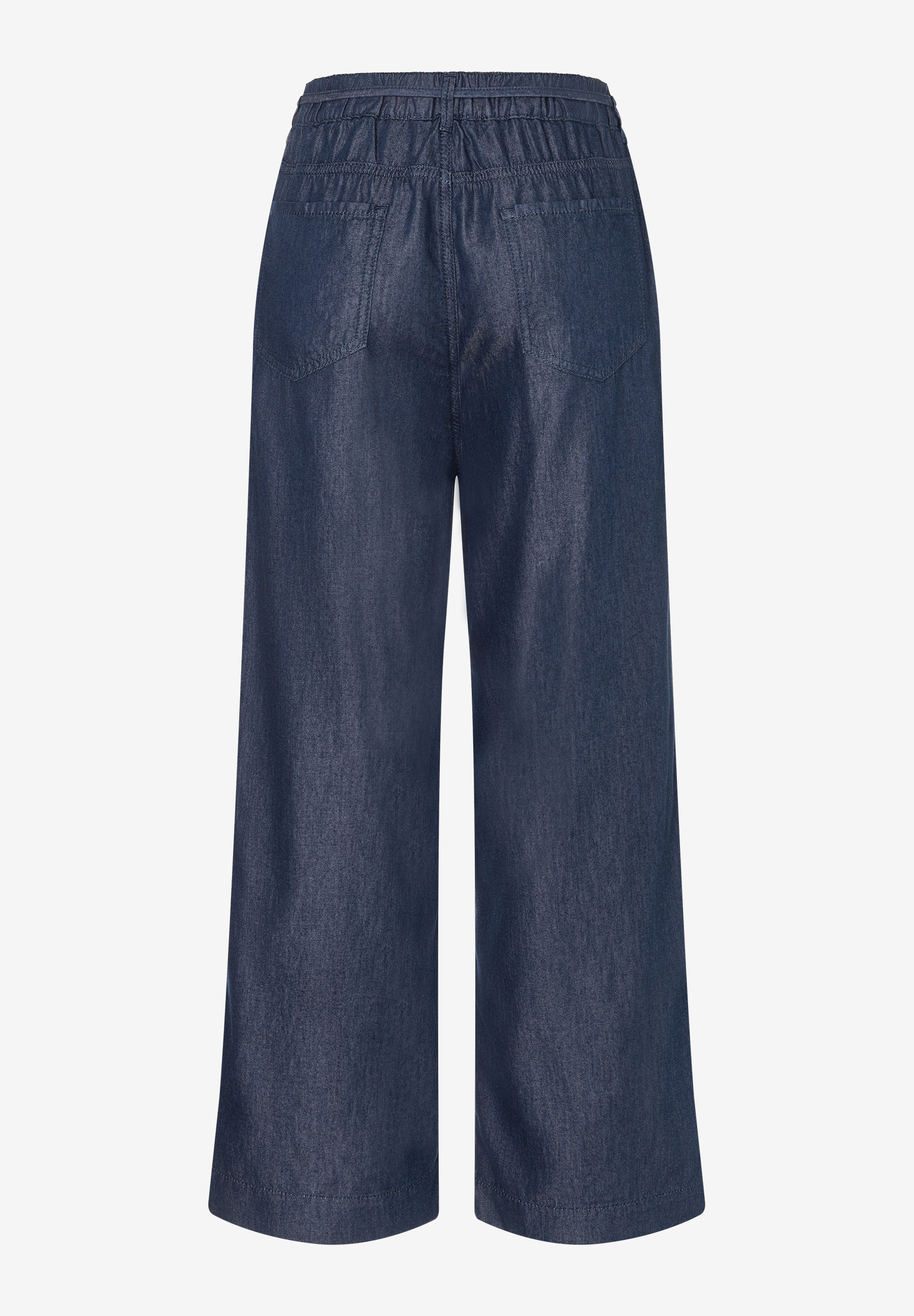 MORE & MORE Damen-Jeans in Dunkelblau, weitem Schnitt und elastischem Bund. Auf weißem Hintergrund. Von hinten. MORE & MORE Damen-Jeans in Dunkelblau, weitem Schnitt und elastischem Bund. Auf weißem Hintergrund. Von hinten.