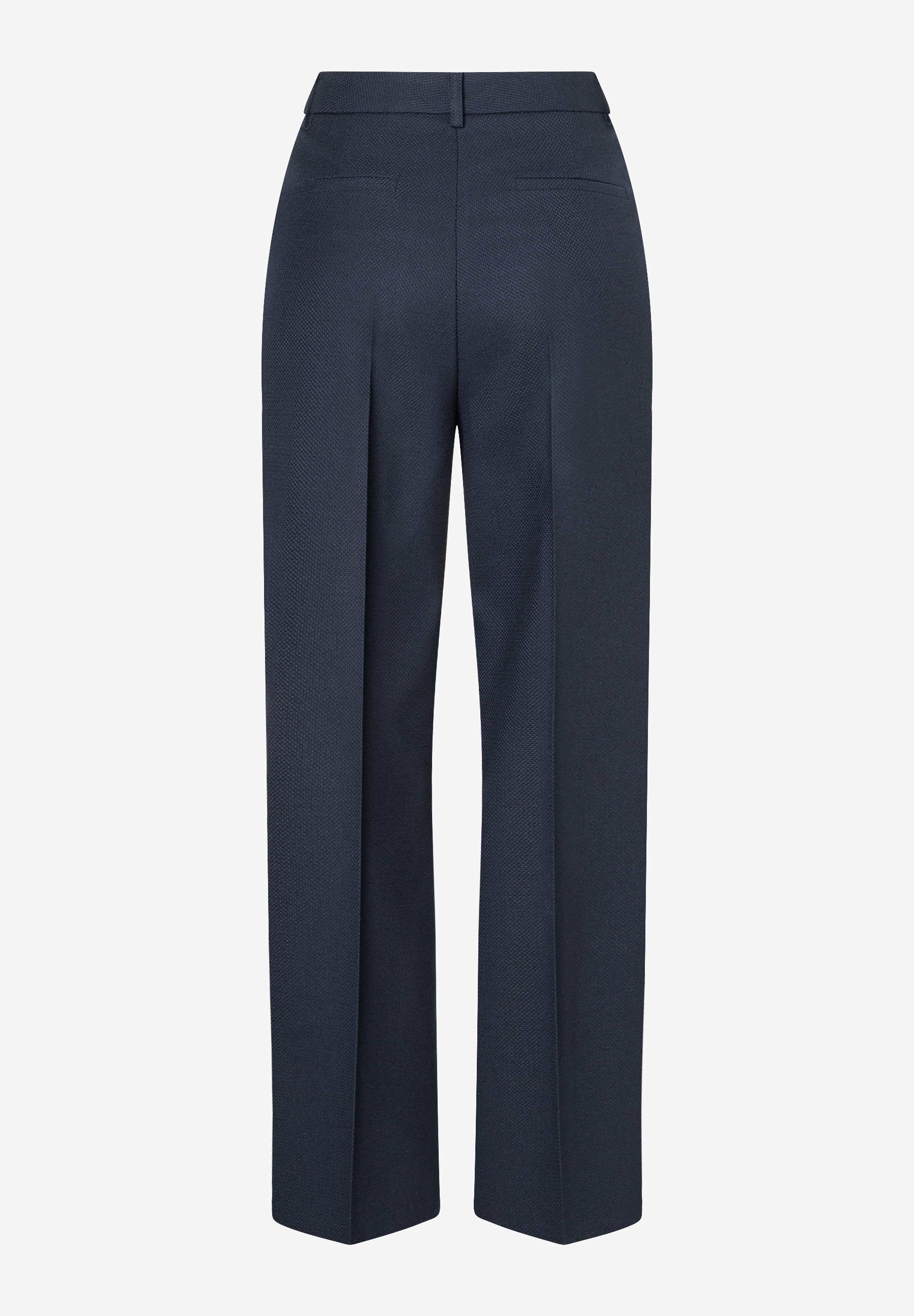 Dunkelblaue, knöchellange MORE & MORE Hose, Rückansicht. Dunkelblaue, knöchellange MORE & MORE Hose, Rückansicht.