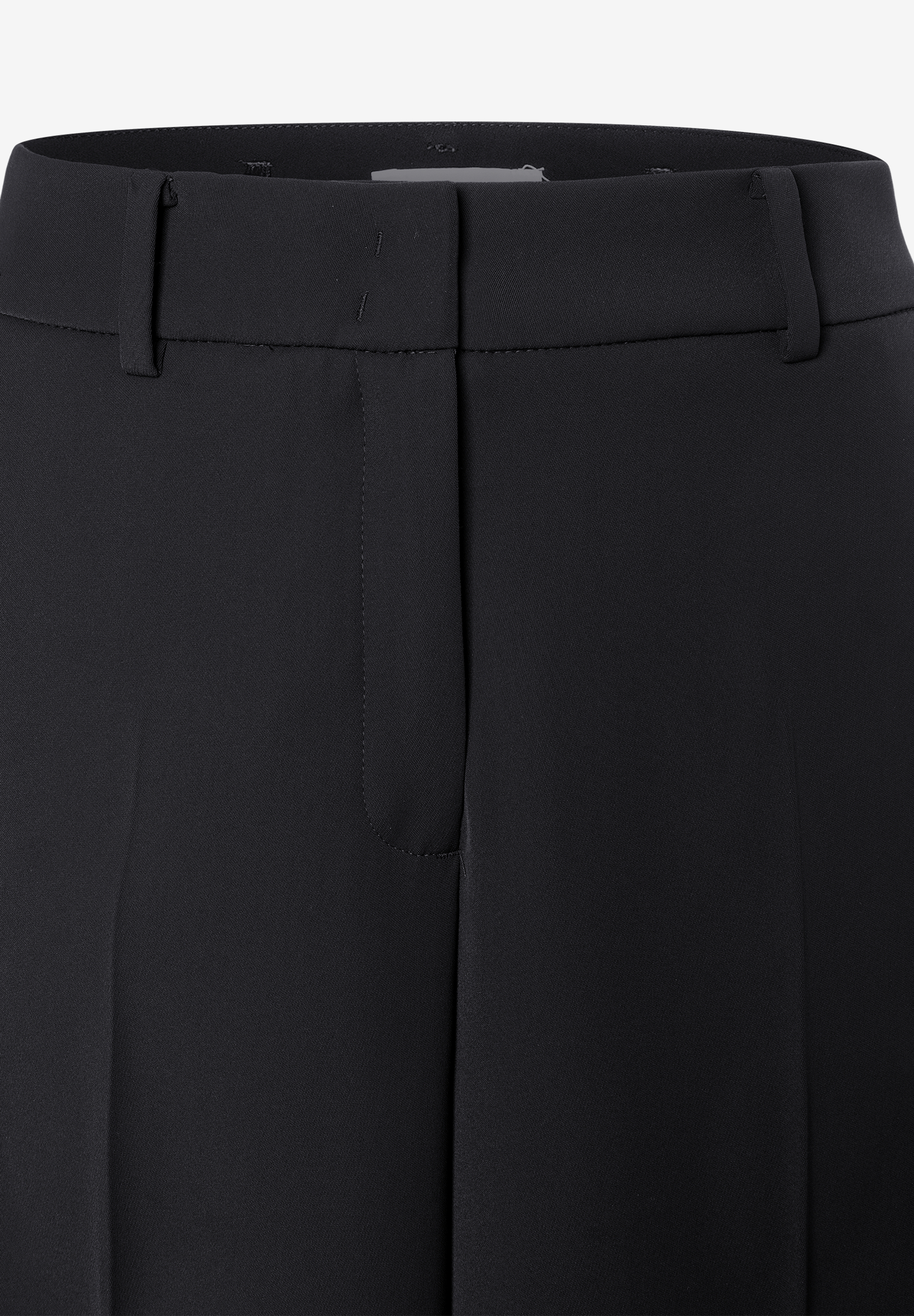MORE & MORE schwarze Business-Hose mit Bundfalte, Gürtelschlaufen und verdecktem Verschluss auf hellem Hintergrund.
