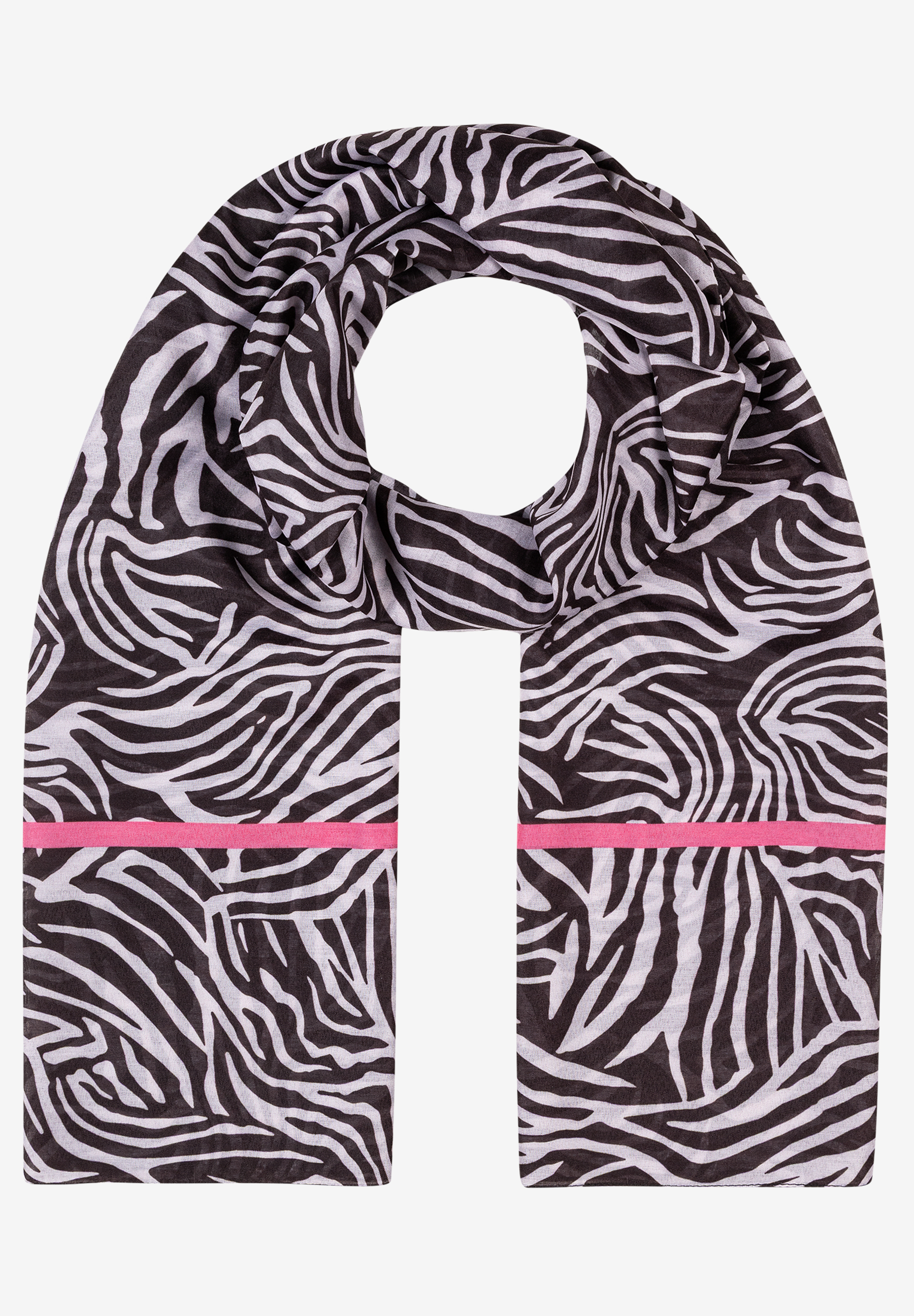 Ein MORE & MORE Accessoire: Ein Schal mit Zebra-Muster und einem pinken Streifen, drapiert auf hellem Grund. Ein MORE & MORE Accessoire: Ein Schal mit Zebra-Muster und einem pinken Streifen, drapiert auf hellem Grund.