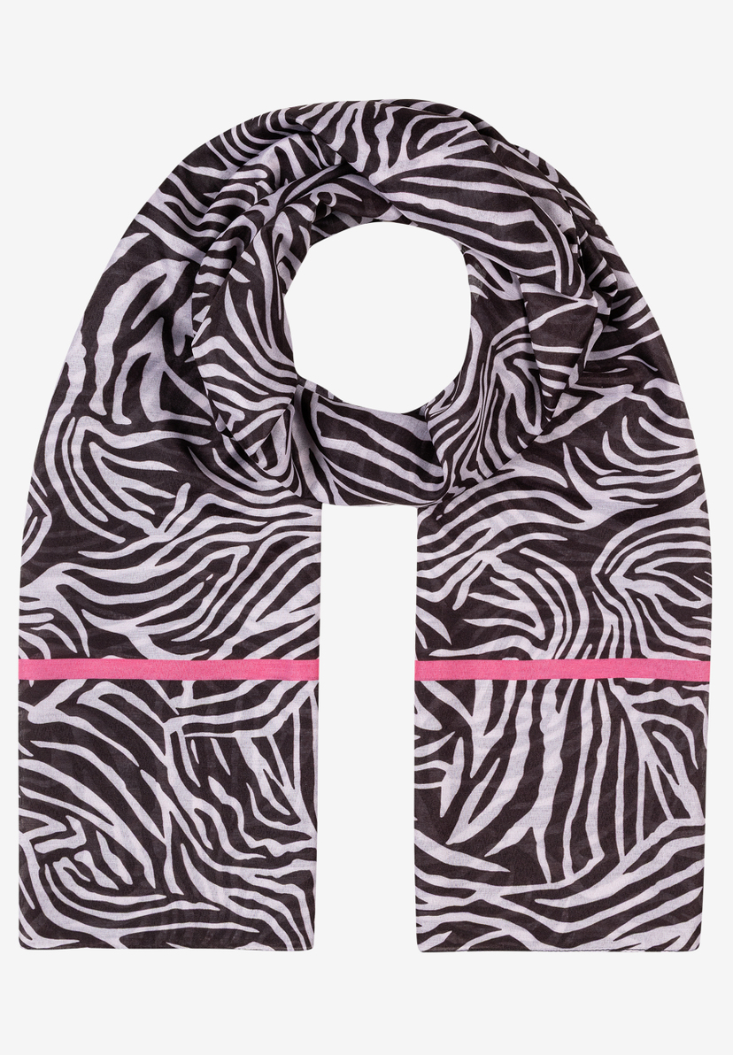 Ein MORE & MORE Accessoire: Ein Schal mit Zebra-Muster und einem pinken Streifen, drapiert auf hellem Grund. Ein MORE & MORE Accessoire: Ein Schal mit Zebra-Muster und einem pinken Streifen, drapiert auf hellem Grund.