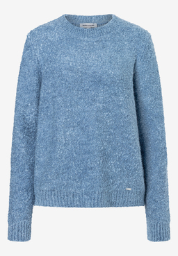 MORE & MORE Damen Bouclé-Pullover in Himmelblau. Langarm-Strickpullover mit Rundhalsausschnitt und Rippbündchen.