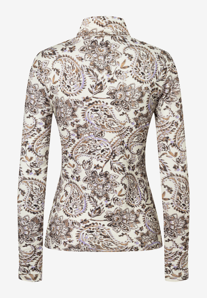 MORE & MORE Langarmshirt mit Stehkragen und Paisley-Print in Creme, Braun und Lila.