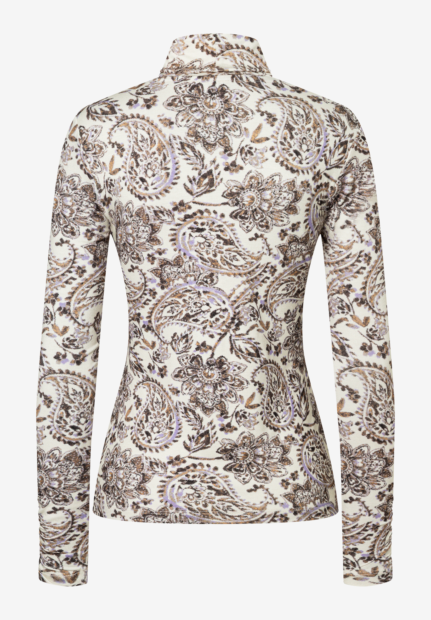 MORE & MORE Langarmshirt mit Stehkragen und Paisley-Print in Creme, Braun und Lila. MORE & MORE Langarmshirt mit Stehkragen und Paisley-Print in Creme, Braun und Lila.