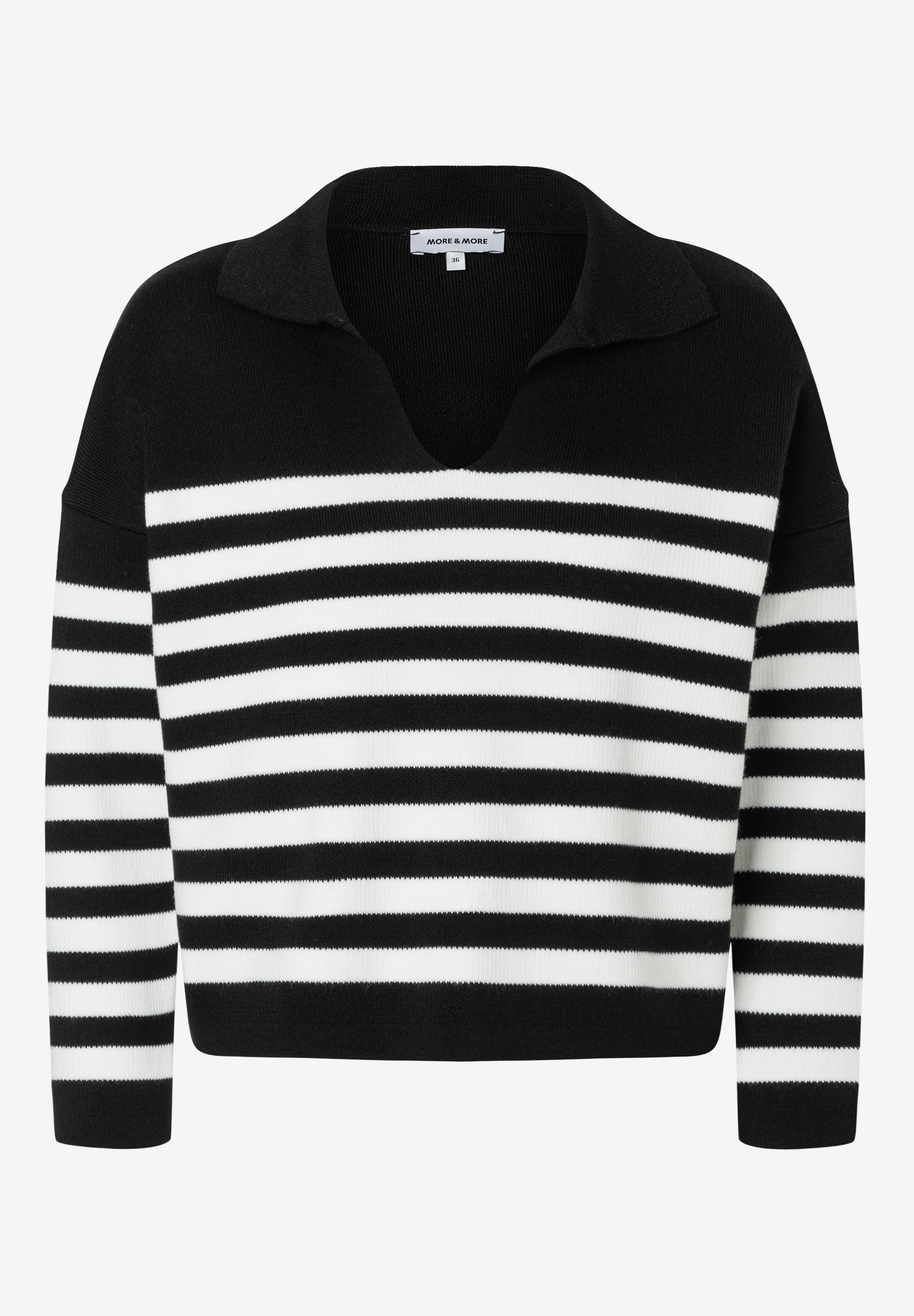 Ein gestreifter MORE & MORE Strickpullover mit Kragen in Schwarz und Weiß. Ein gestreifter MORE & MORE Strickpullover mit Kragen in Schwarz und Weiß.