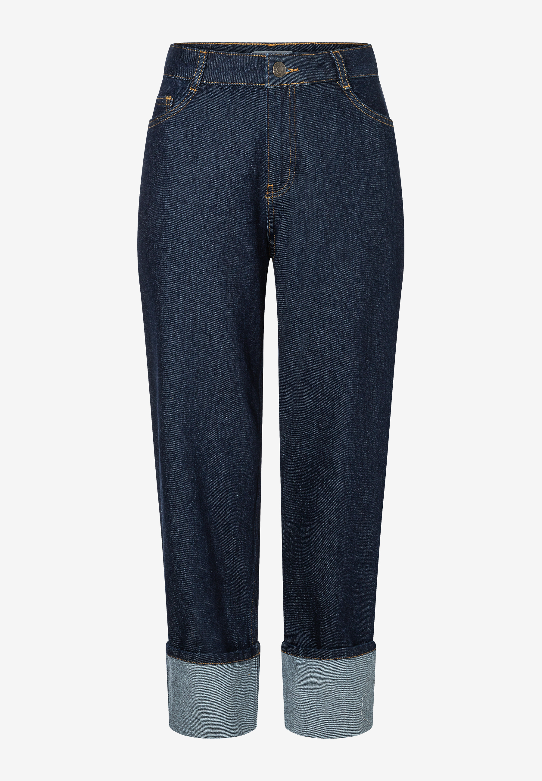 MORE & MORE Jeans in Dunkelblau, mit umgeschlagenen Bündchen und gelben Nähten, auf weißem Hintergrund. MORE & MORE Jeans in Dunkelblau, mit umgeschlagenen Bündchen und gelben Nähten, auf weißem Hintergrund.