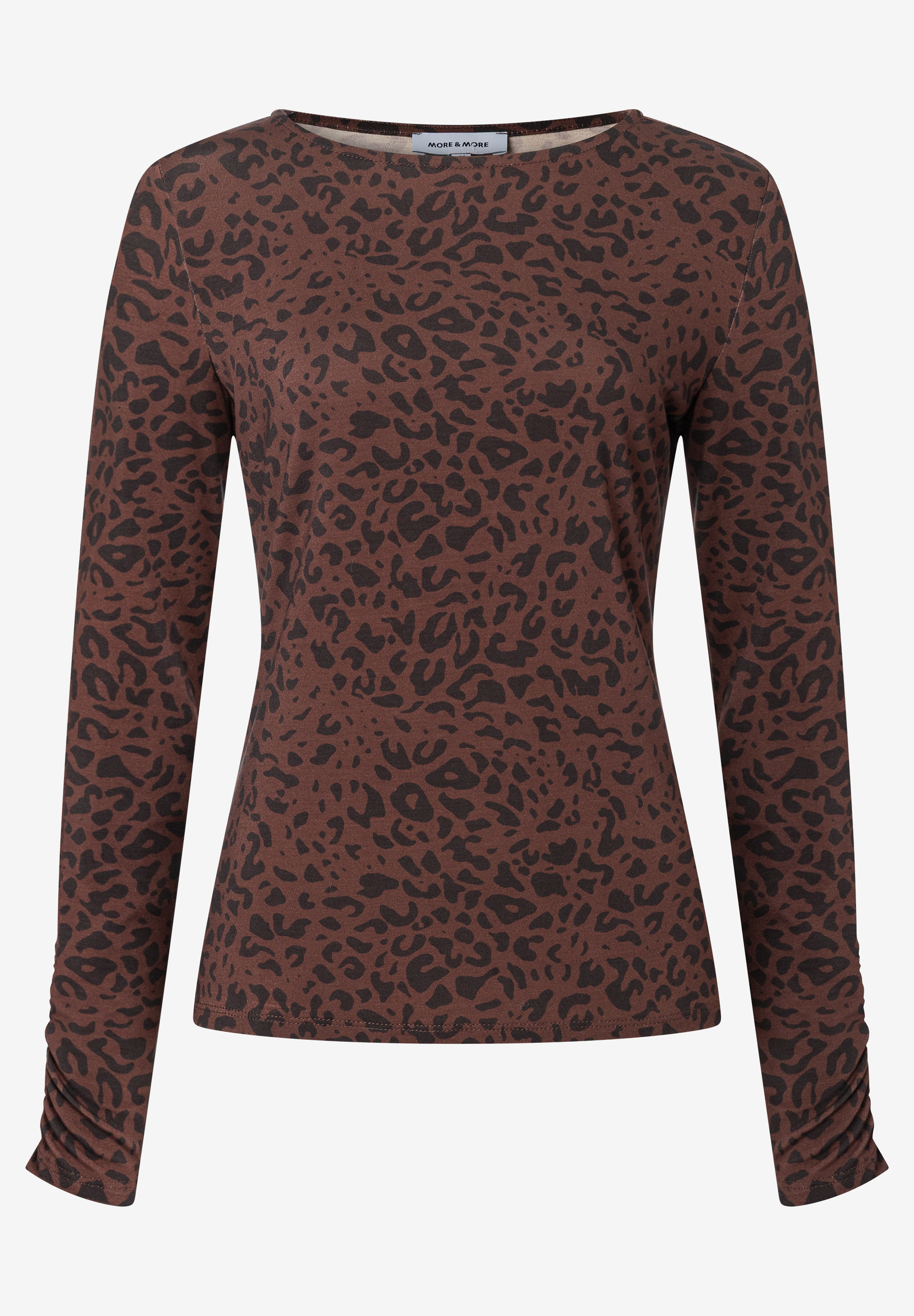 MORE & MORE Longsleeve aus Jersey in Dunkelbraun mit Allover-Leopardenmuster. Lange Ärmel. Rundhalsausschnitt. MORE & MORE Longsleeve aus Jersey in Dunkelbraun mit Allover-Leopardenmuster. Lange Ärmel. Rundhalsausschnitt.