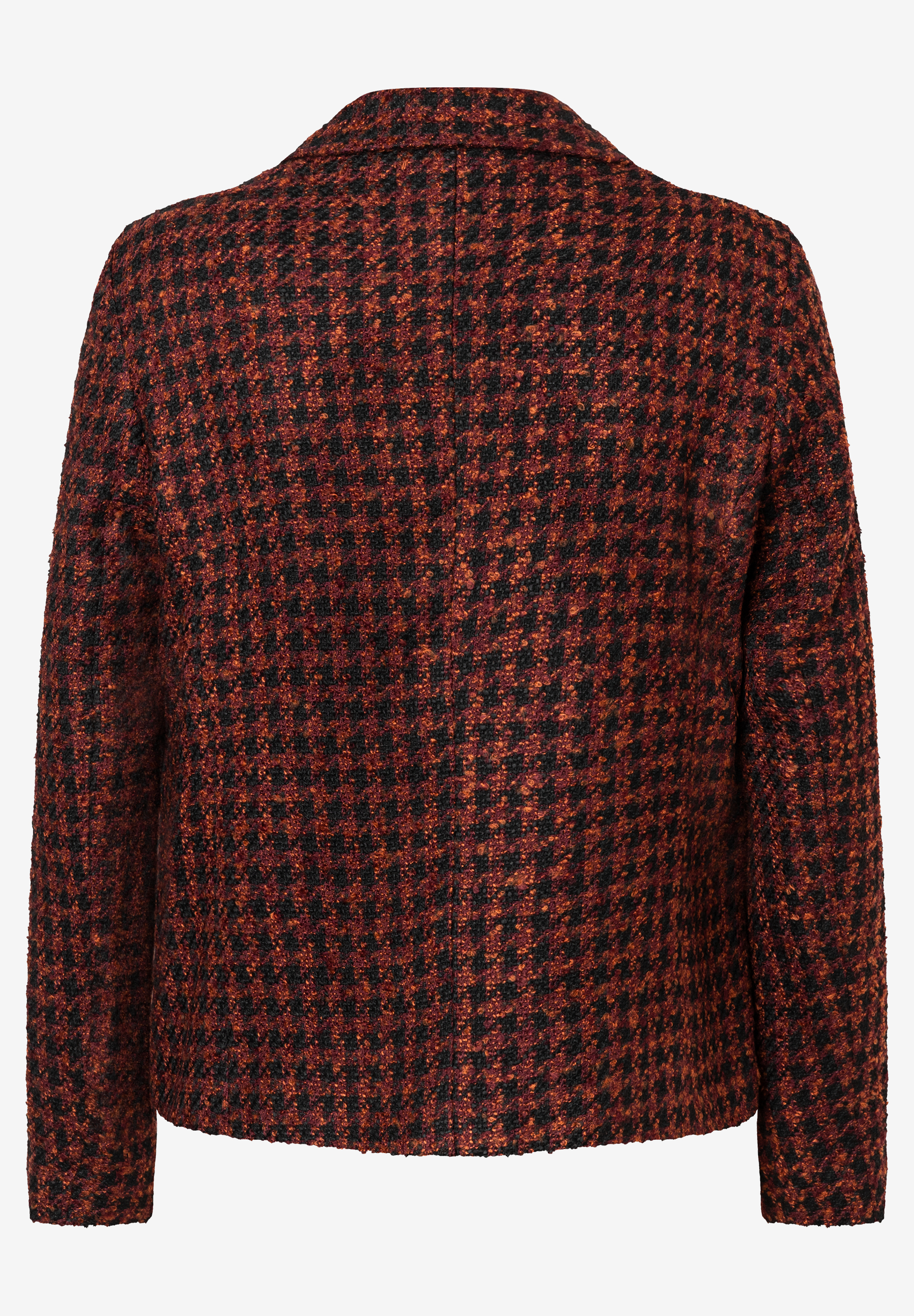 Rückansicht eines MORE & MORE Blazers mit Hahnentrittmuster in Schwarz und Rostrot. Rückansicht eines MORE & MORE Blazers mit Hahnentrittmuster in Schwarz und Rostrot.