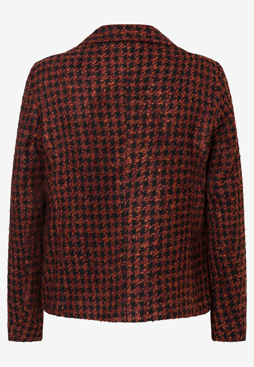 Rückansicht eines MORE & MORE Blazers mit Hahnentrittmuster in Schwarz und Rostrot. Rückansicht eines MORE & MORE Blazers mit Hahnentrittmuster in Schwarz und Rostrot.