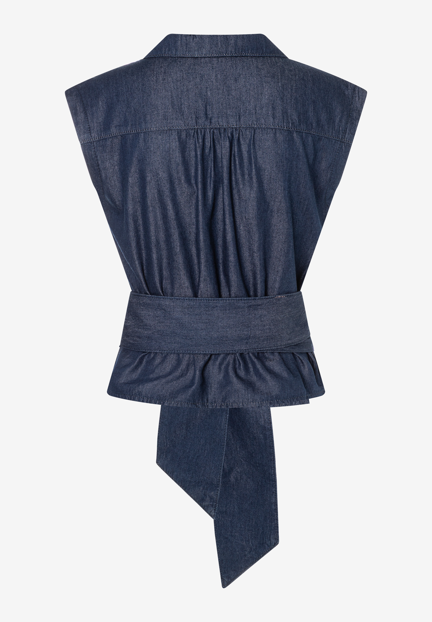 MORE & MORE Bluse aus weichem Denim mit Bindegürtel, hinten gerafft, ohne Ärmel, Stehkragen, angenehmer Tragekomfort. MORE & MORE Bluse aus weichem Denim mit Bindegürtel, hinten gerafft, ohne Ärmel, Stehkragen, angenehmer Tragekomfort.