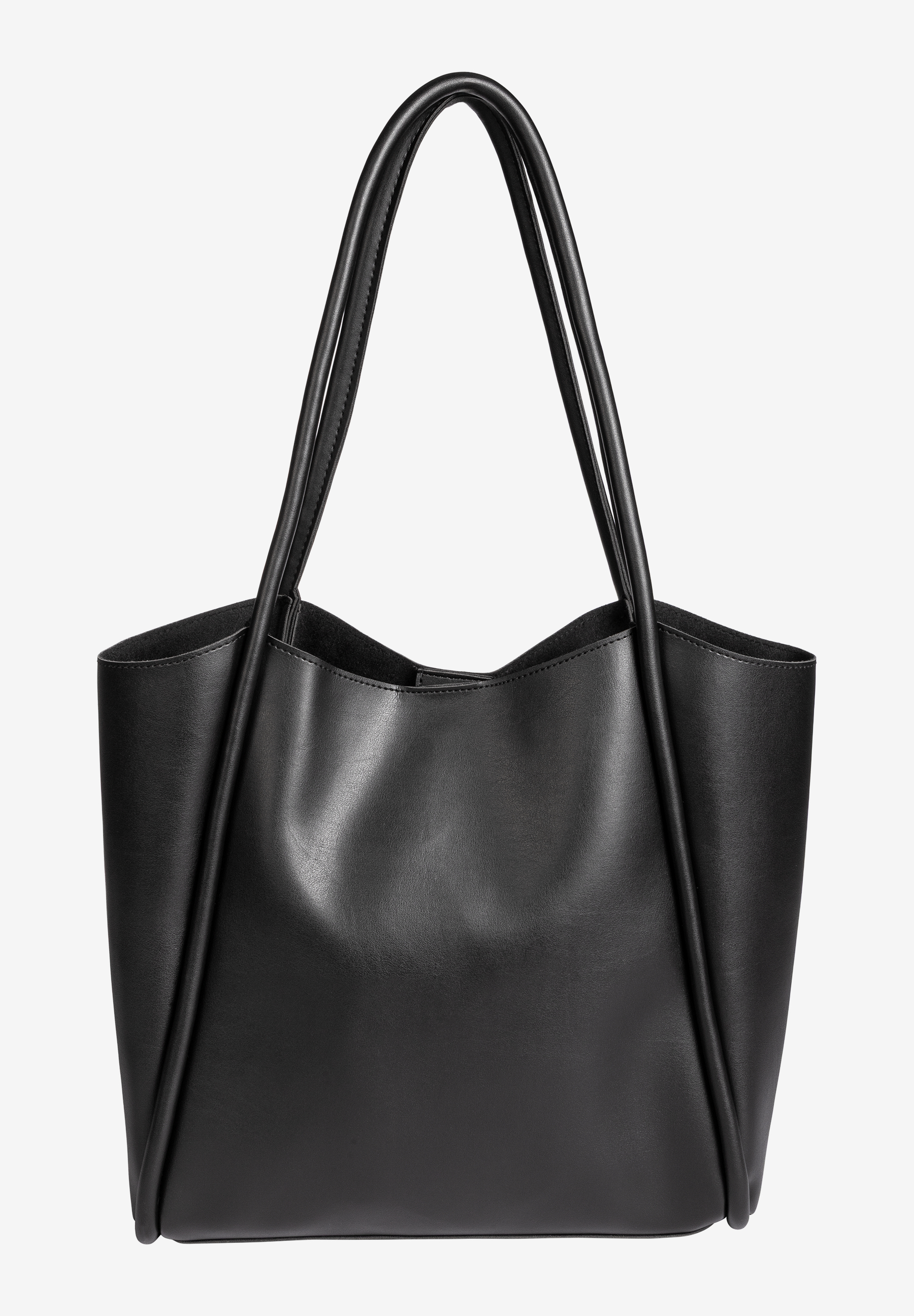 Eine schwarze MORE & MORE Handtasche mit Tragegriffen vor einem weißen Hintergrund. Eine schwarze MORE & MORE Handtasche mit Tragegriffen vor einem weißen Hintergrund.