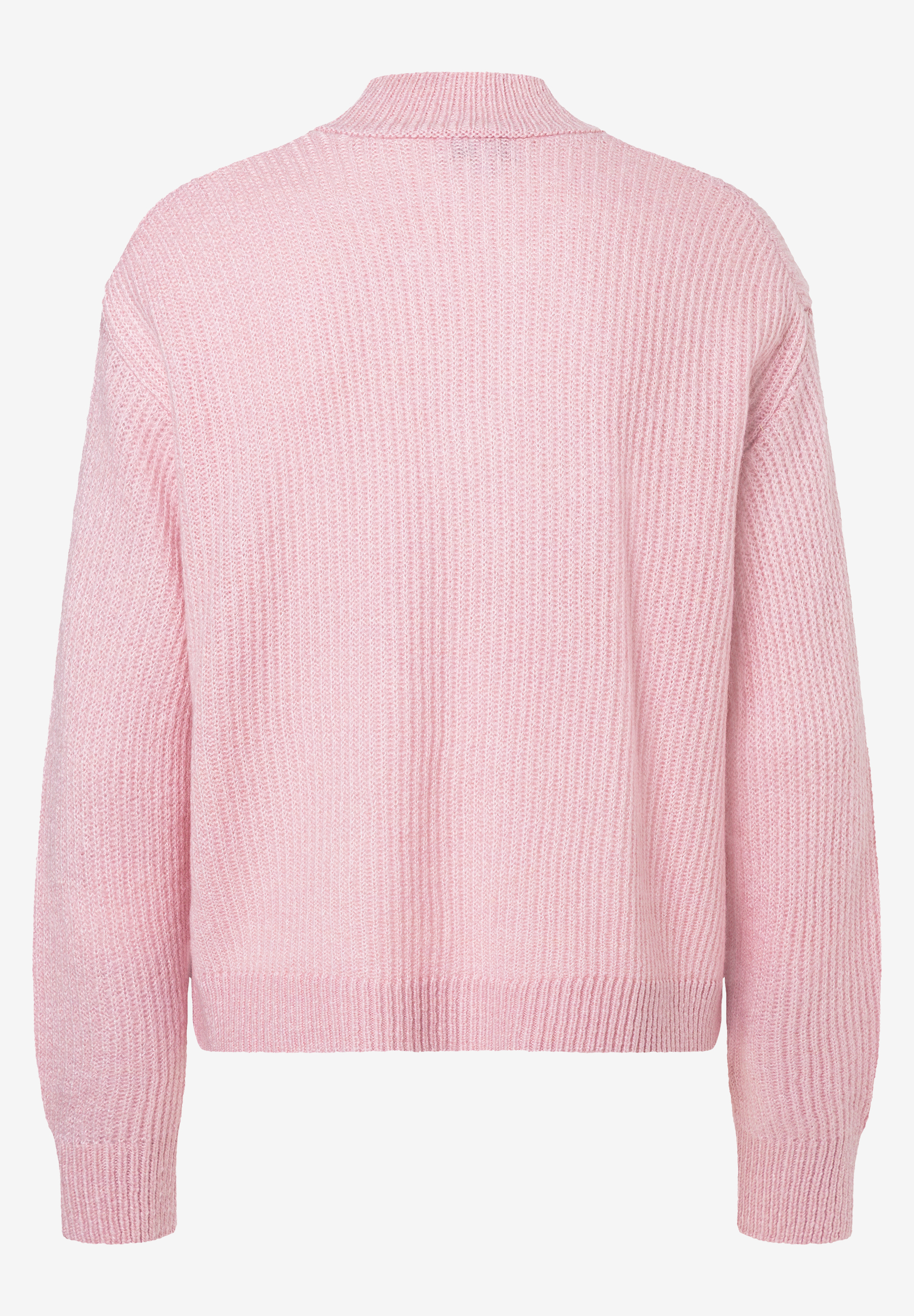 MORE & MORE rosafarbener Rippstrickpullover mit Stehkragen. Die Rückseite ist einfarbig, keine Muster oder Logos zu sehen. MORE & MORE rosafarbener Rippstrickpullover mit Stehkragen. Die Rückseite ist einfarbig, keine Muster oder Logos zu sehen.