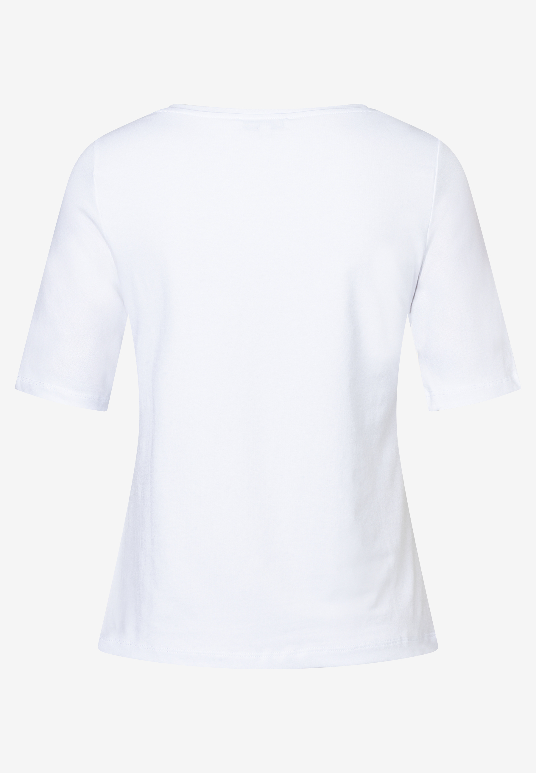 Rückansicht eines weißen Jersey-Tops der Marke MORE & MORE mit kurzen Ärmeln. Rückansicht eines weißen Jersey-Tops der Marke MORE & MORE mit kurzen Ärmeln.