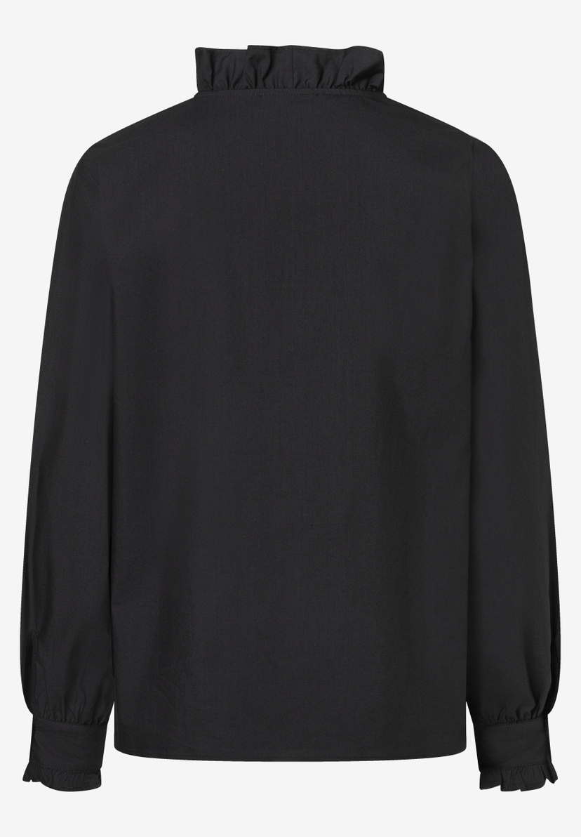 MORE & MORE Bluse: Schwarze Bluse mit Rüschen am Kragen und Manschetten. Die Bluse ist im Studio auf einem weißen Hintergrund aufgenommen und zeigt die Rückseite. MORE & MORE Bluse: Schwarze Bluse mit Rüschen am Kragen und Manschetten. Die Bluse ist im Studio auf einem weißen Hintergrund aufgenommen und zeigt die Rückseite.