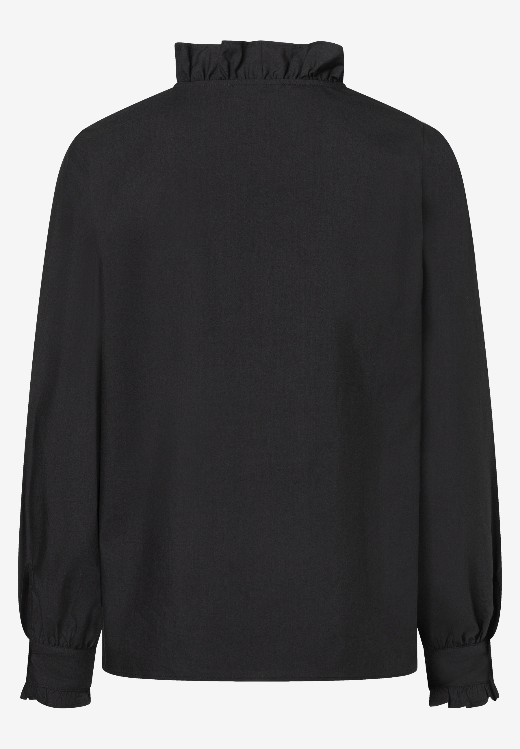MORE & MORE Bluse: Schwarze Bluse mit Rüschen am Kragen und Manschetten. Die Bluse ist im Studio auf einem weißen Hintergrund aufgenommen und zeigt die Rückseite. MORE & MORE Bluse: Schwarze Bluse mit Rüschen am Kragen und Manschetten. Die Bluse ist im Studio auf einem weißen Hintergrund aufgenommen und zeigt die Rückseite.