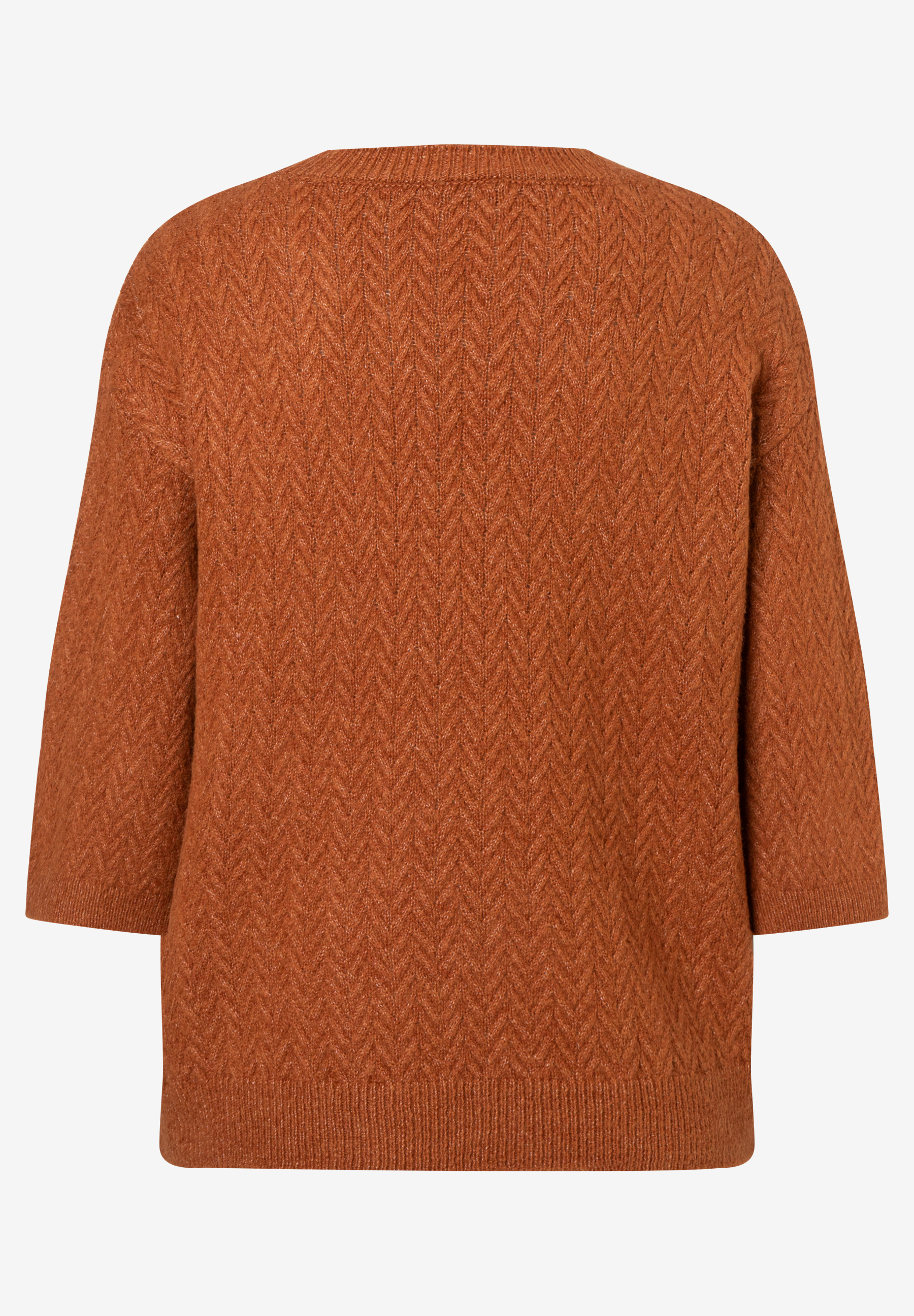 MORE & MORE Zopfstrickpullover in Rostrot. Wärmendes, elastisches Oberteil mit 3/4-Arm und weichem Griff. Rückansicht. MORE & MORE Zopfstrickpullover in Rostrot. Wärmendes, elastisches Oberteil mit 3/4-Arm und weichem Griff. Rückansicht.