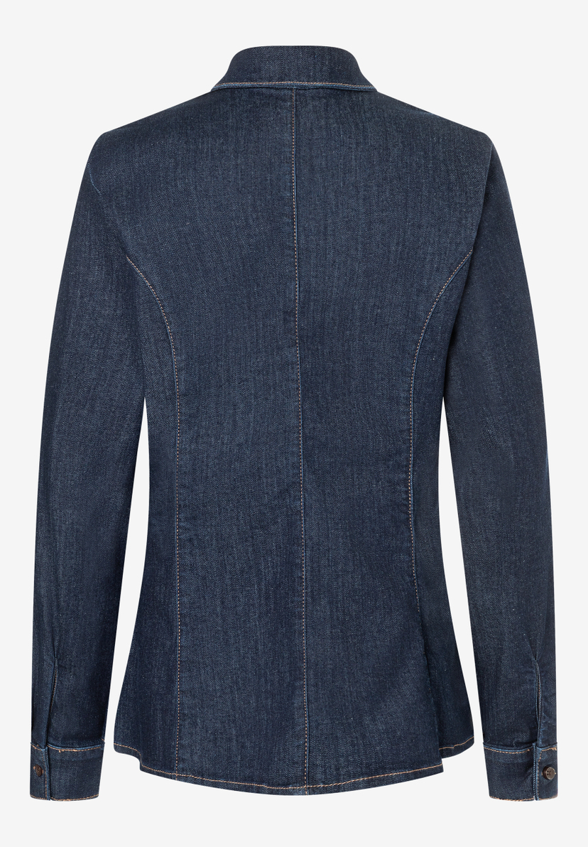 Eine blaue Jeansbluse von MORE & MORE, von hinten aufgenommen. Eine blaue Jeansbluse von MORE & MORE, von hinten aufgenommen.