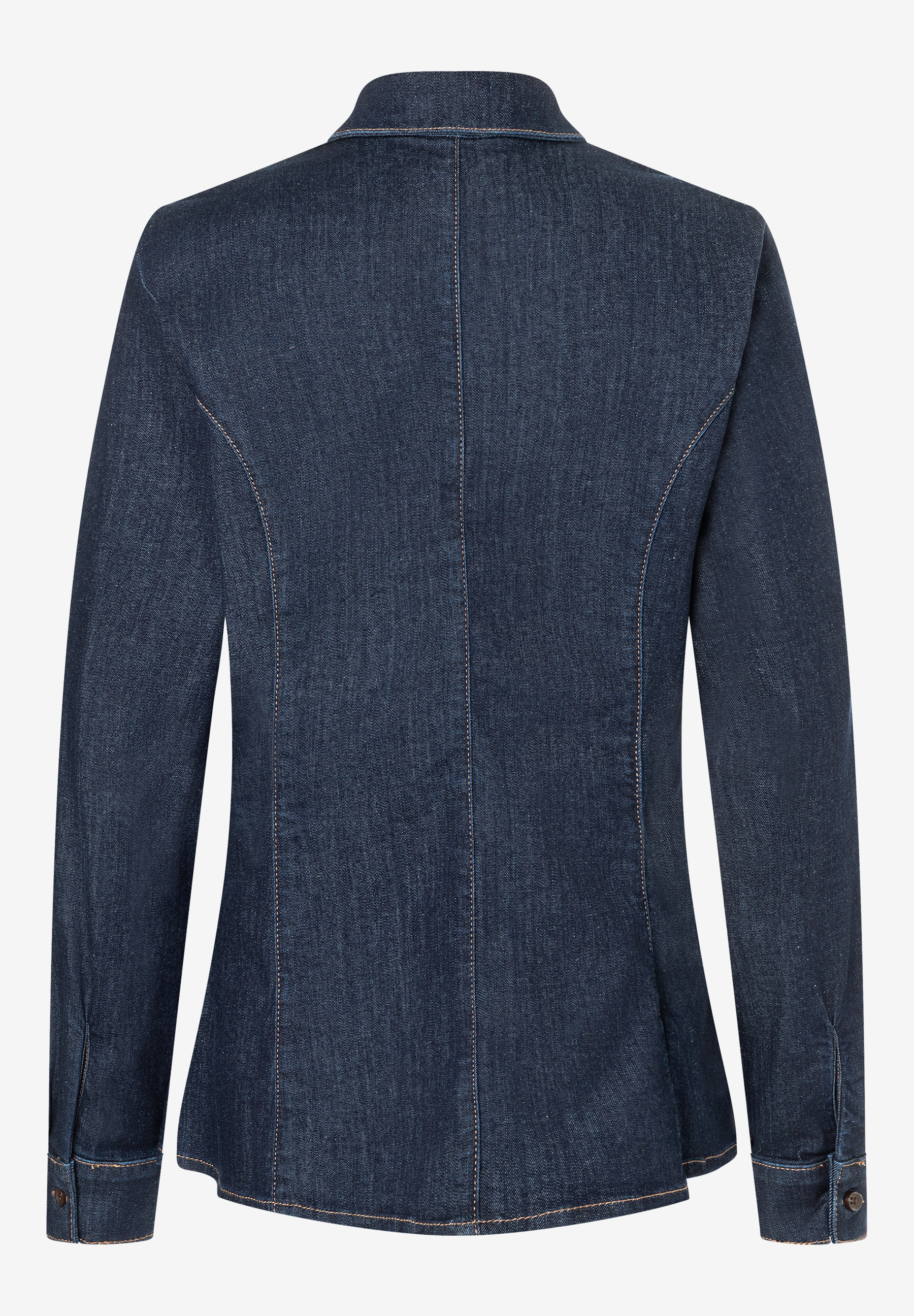 Eine blaue Jeansbluse von MORE & MORE, von hinten aufgenommen. Eine blaue Jeansbluse von MORE & MORE, von hinten aufgenommen.