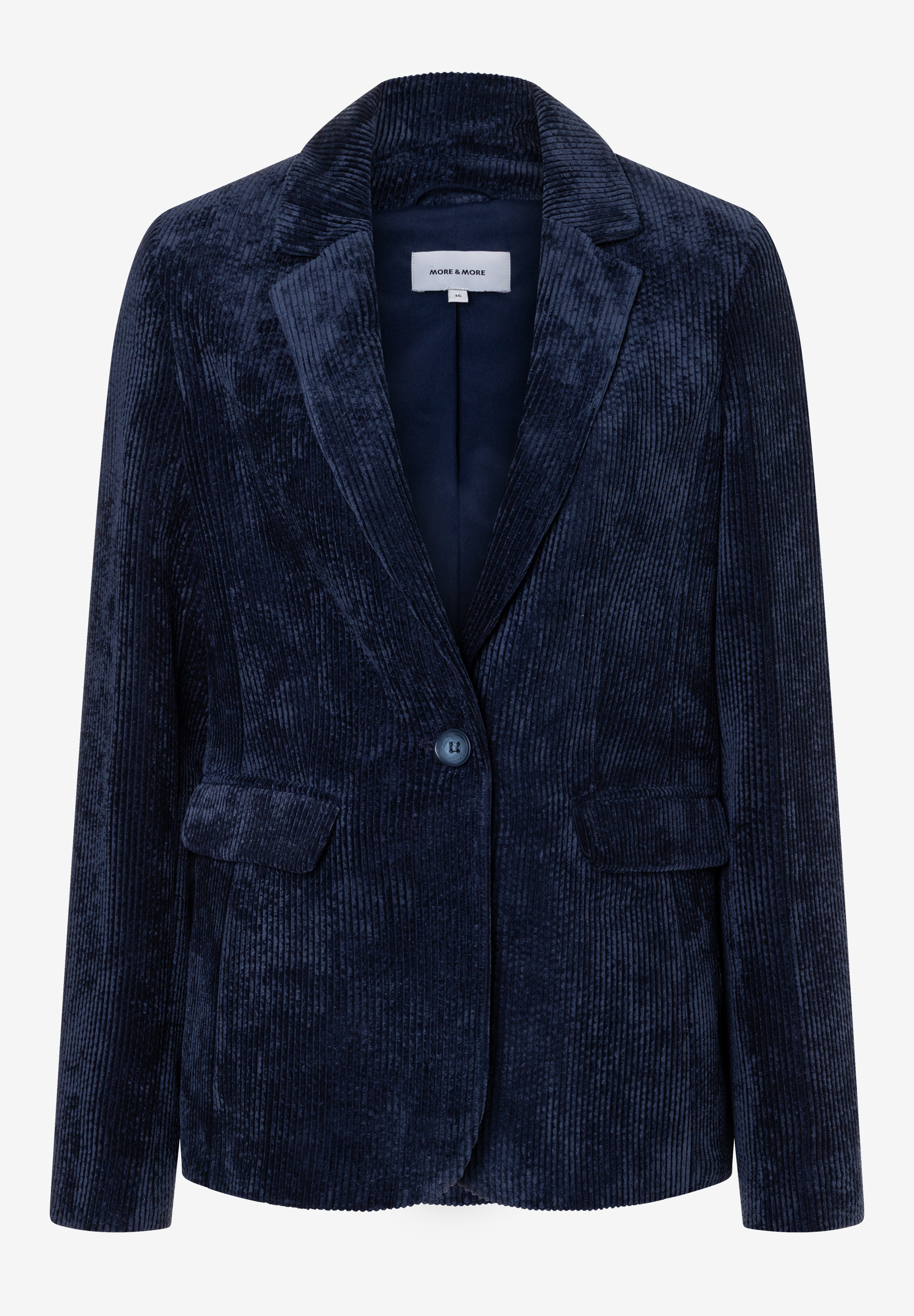 MORE & MORE Blazer aus Cord in Dunkelblau, mit einem Knopfverschluss und zwei aufgesetzten Taschen vorne. MORE & MORE Blazer aus Cord in Dunkelblau, mit einem Knopfverschluss und zwei aufgesetzten Taschen vorne.