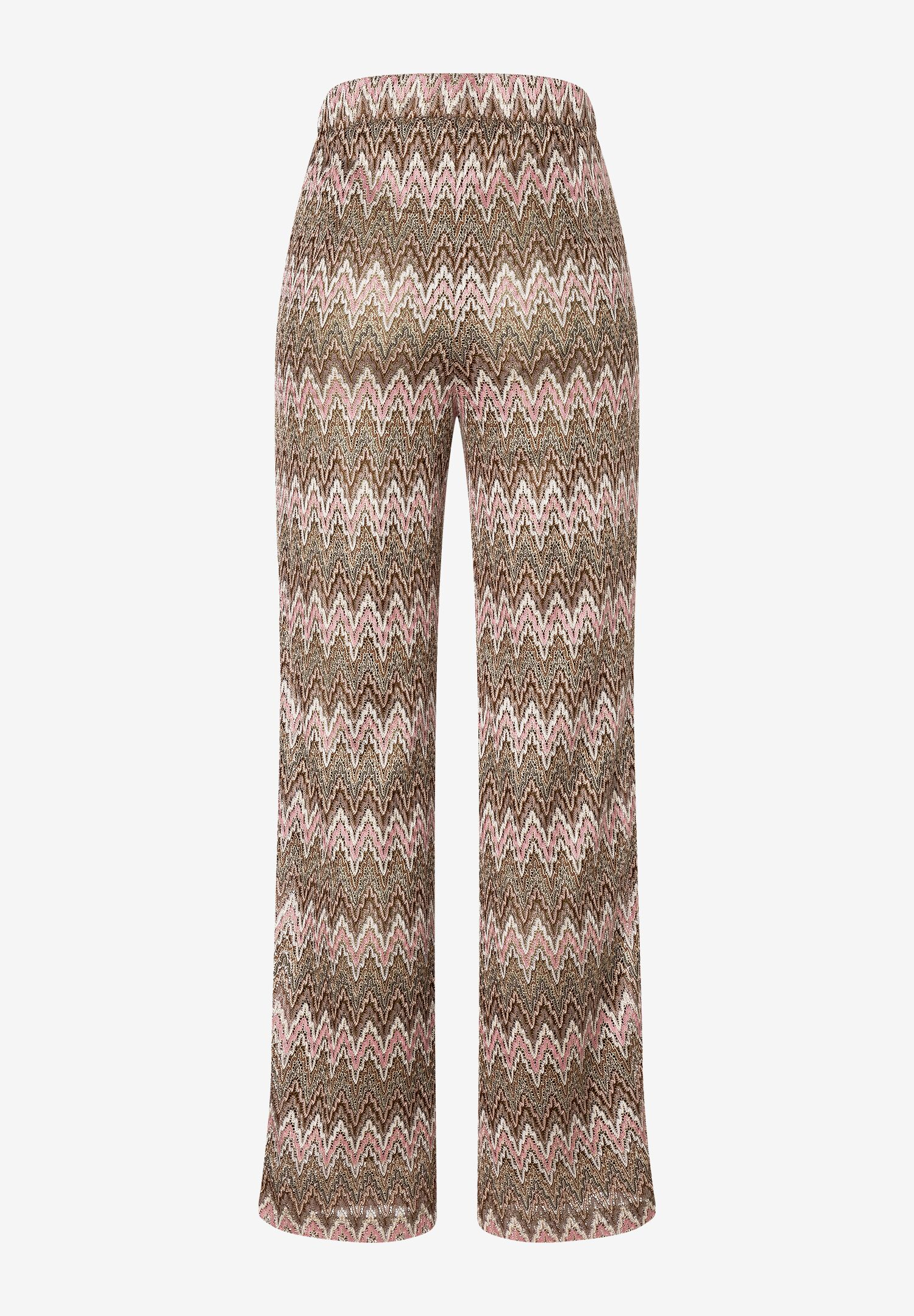 Eine MORE & MORE Jacquard-Hose mit Zickzackmuster in Rosa, Braun und Weiß. Eine MORE & MORE Jacquard-Hose mit Zickzackmuster in Rosa, Braun und Weiß.