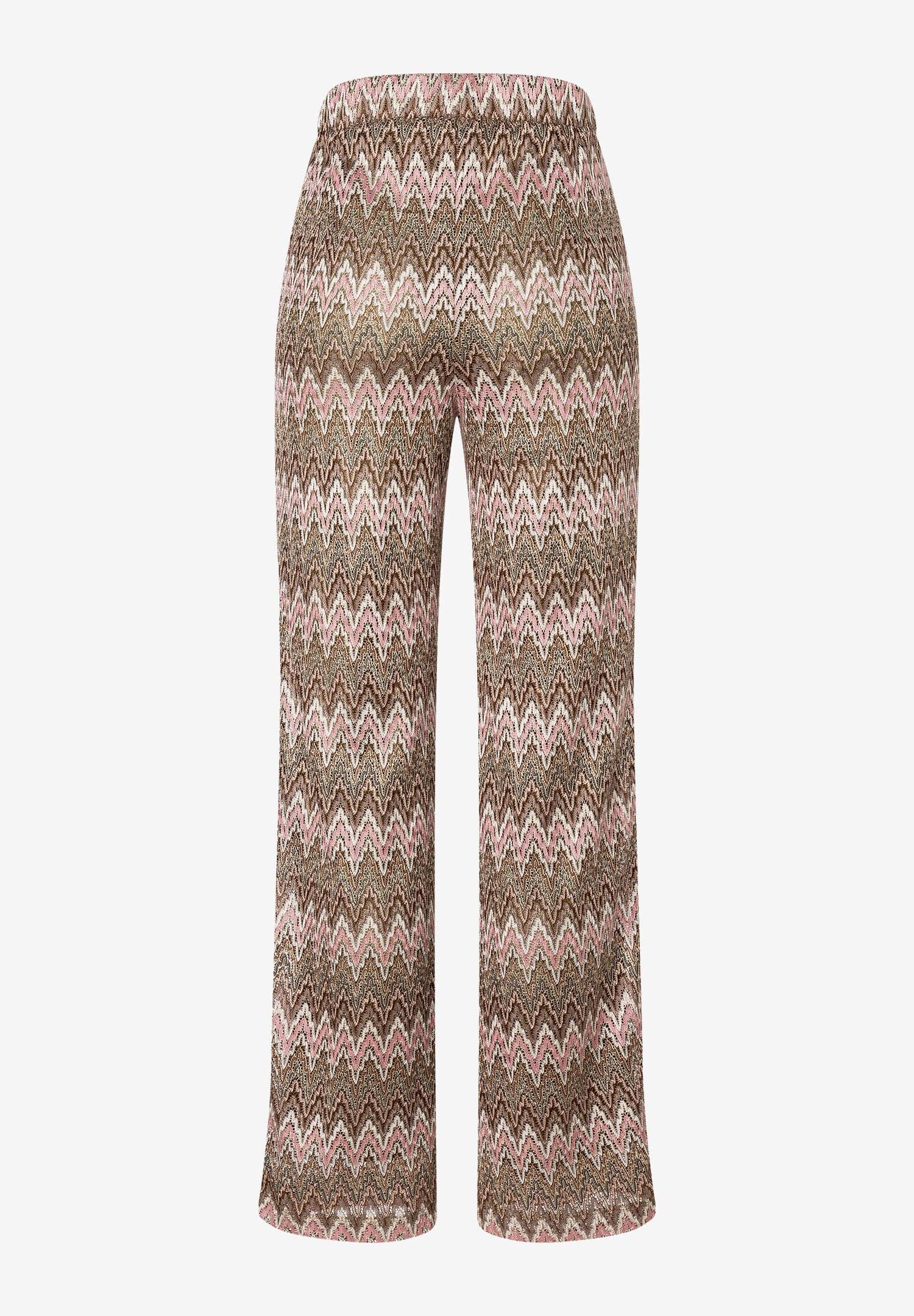 Eine MORE & MORE Jacquard-Hose mit Zickzackmuster in Rosa, Braun und Weiß. Eine MORE & MORE Jacquard-Hose mit Zickzackmuster in Rosa, Braun und Weiß.