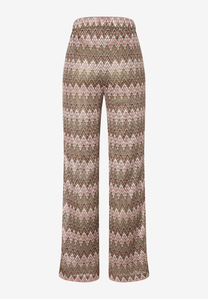 Eine MORE & MORE Jacquard-Hose mit Zickzackmuster in Rosa, Braun und Weiß. Eine MORE & MORE Jacquard-Hose mit Zickzackmuster in Rosa, Braun und Weiß.