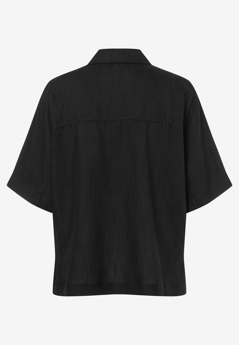 MORE & MORE schwarze Bluse, locker geschnitten, mit kurzen Ärmeln und Kragen. MORE & MORE schwarze Bluse, locker geschnitten, mit kurzen Ärmeln und Kragen.