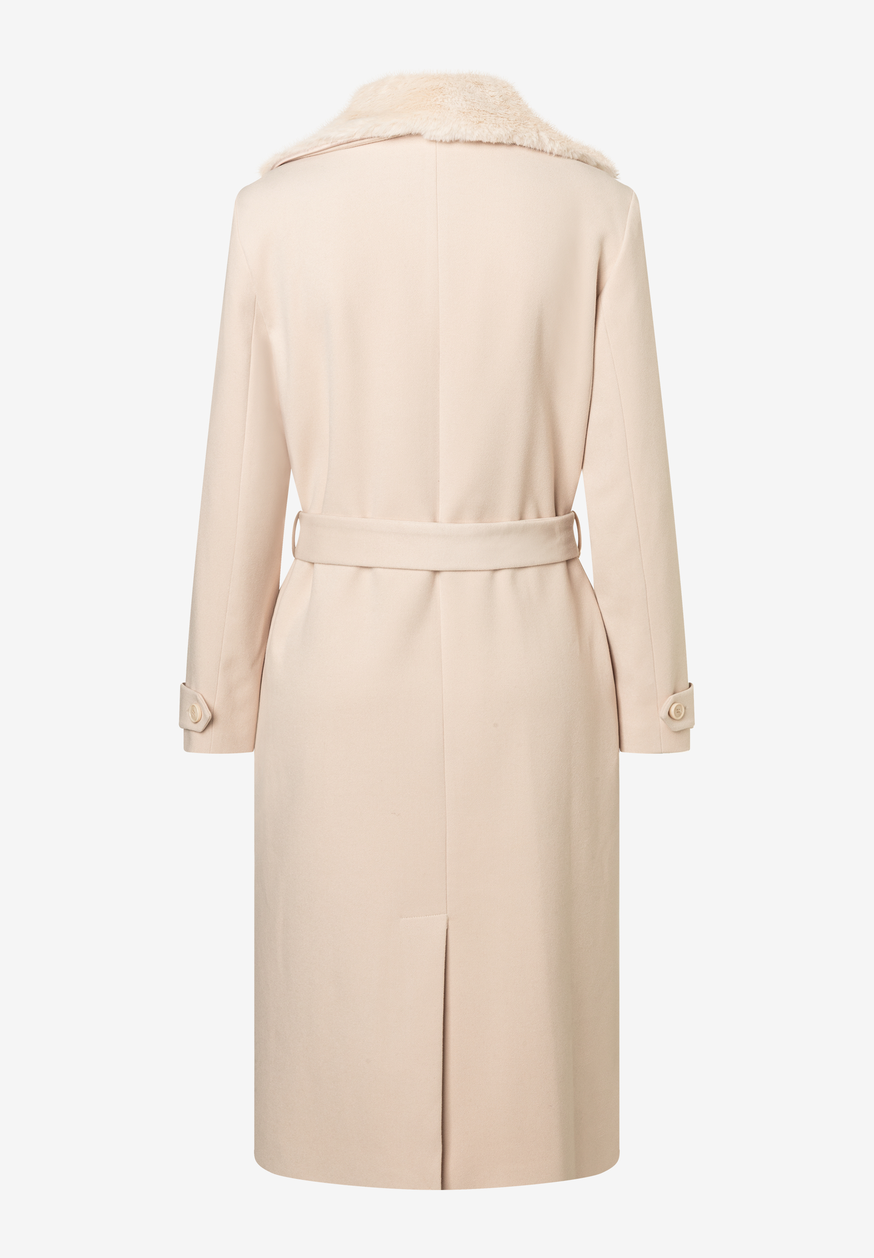 MORE & MORE Damen-Wollmantel in Beige mit Pelzimitatkragen und Bindegürtel, Rückansicht.