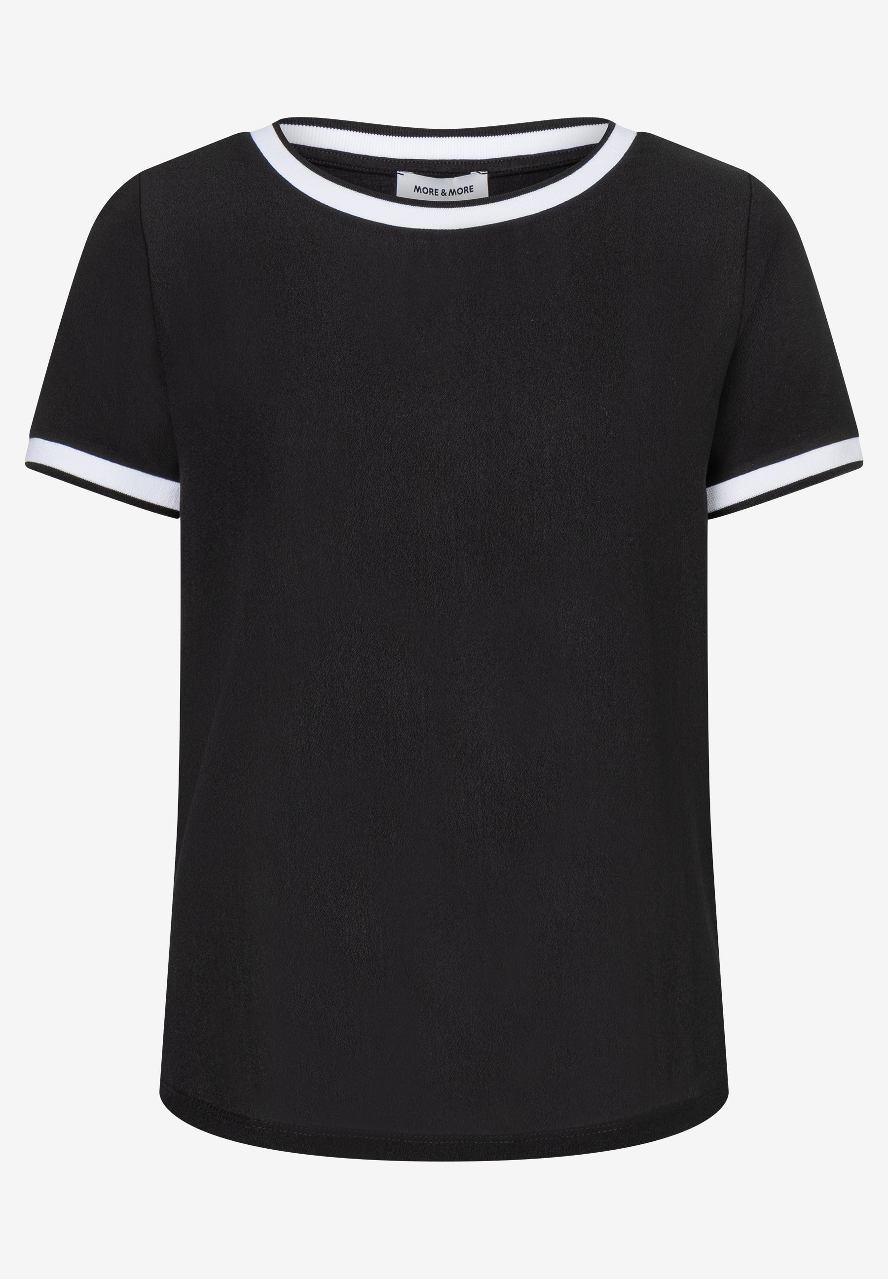 Schwarzes MORE & MORE T-Shirt mit weißen Bündchen an Hals und Ärmeln.