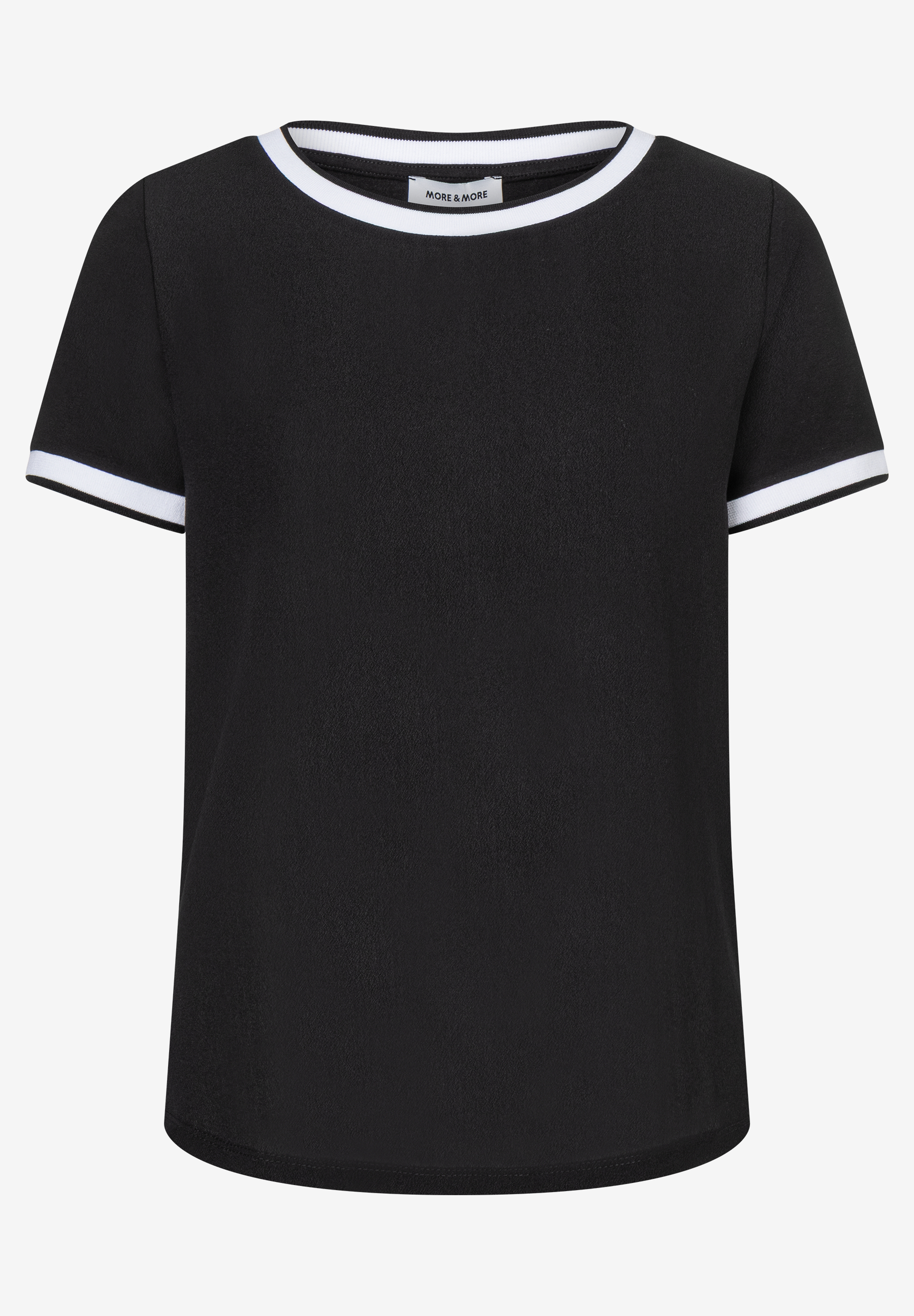 Schwarzes MORE & MORE T-Shirt mit weißen Bündchen an Hals und Ärmeln. Schwarzes MORE & MORE T-Shirt mit weißen Bündchen an Hals und Ärmeln.