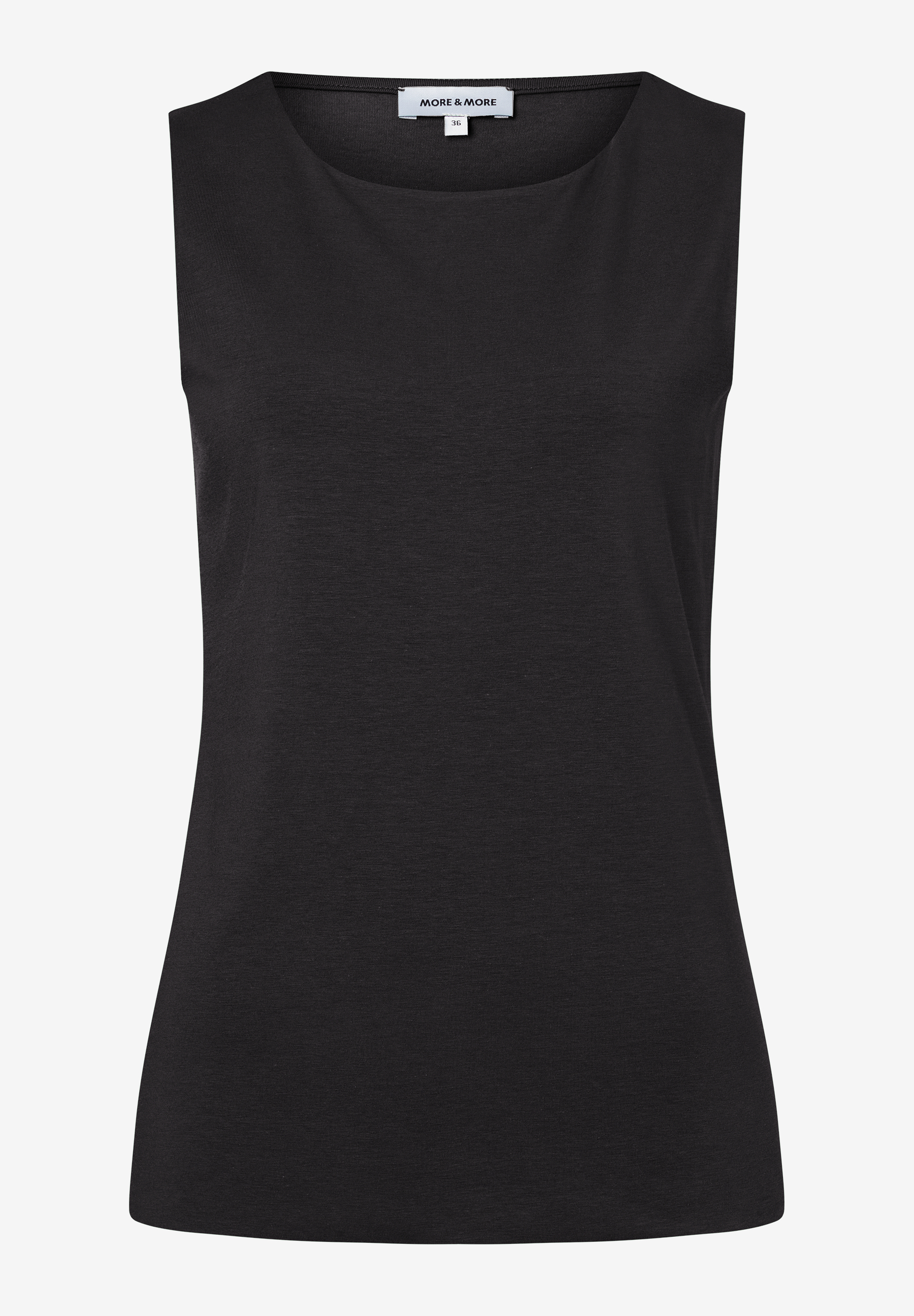 Schwarzes, ärmelloses Jersey-Top von MORE & MORE mit Rundhalsausschnitt. Schwarzes, ärmelloses Jersey-Top von MORE & MORE mit Rundhalsausschnitt.