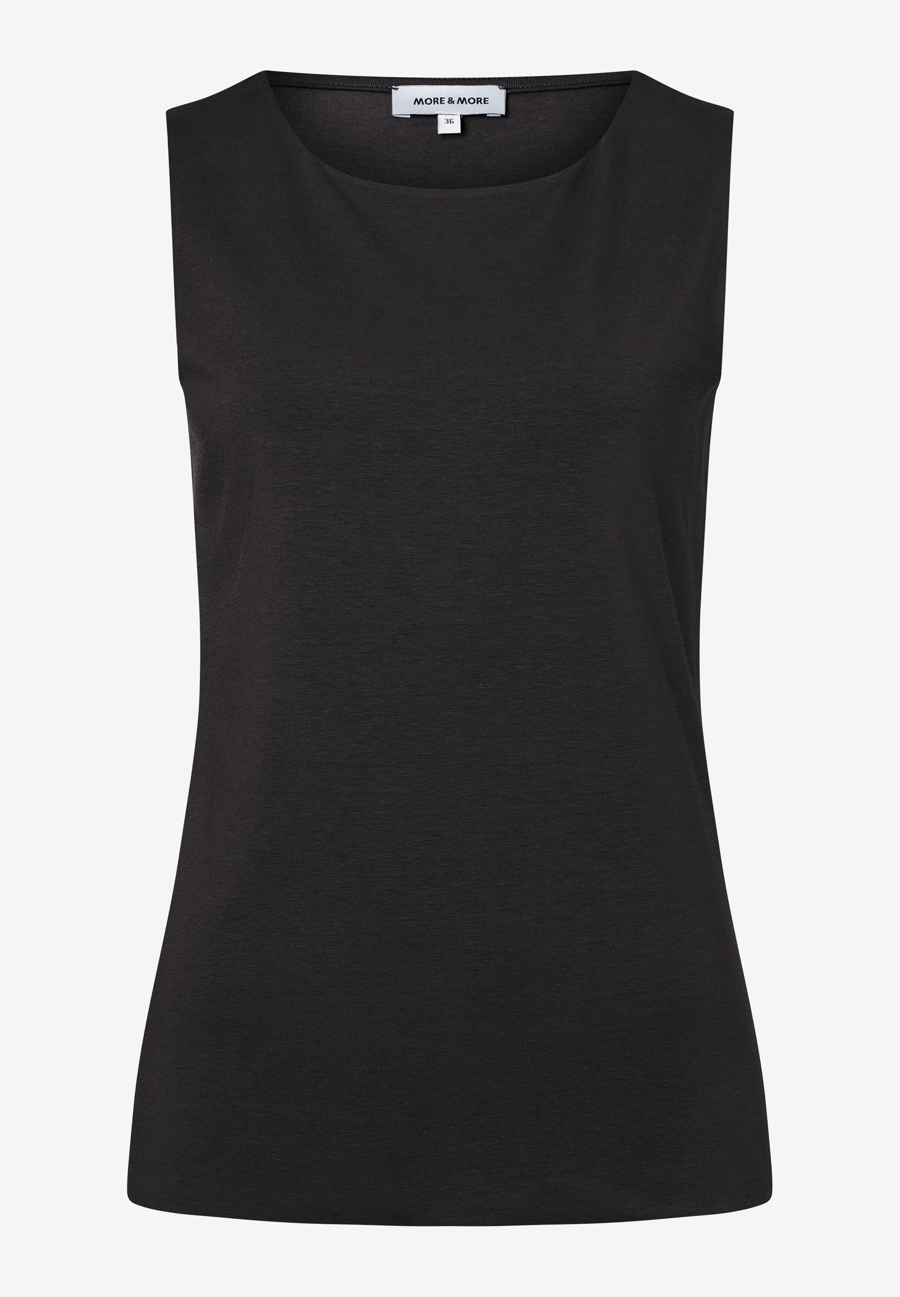 Schwarzes, ärmelloses Jersey-Top von MORE & MORE mit Rundhalsausschnitt. Schwarzes, ärmelloses Jersey-Top von MORE & MORE mit Rundhalsausschnitt.