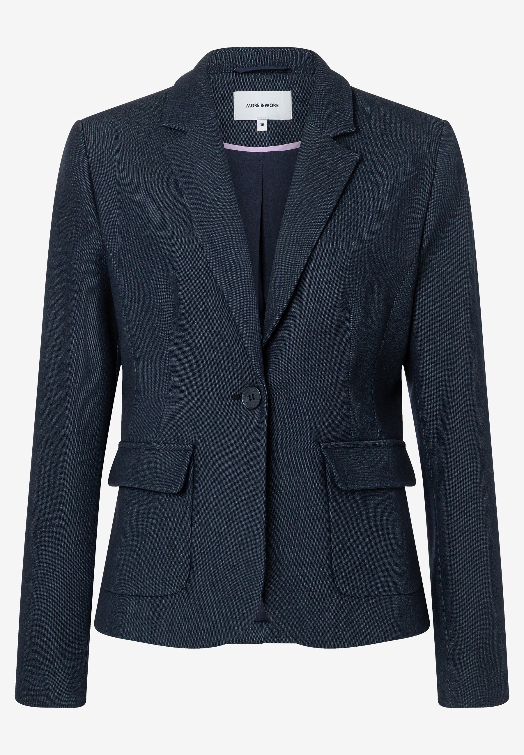 MORE & MORE marineblauer Blazer mit Reverskragen und aufgesetzten Pattentaschen, elegant und vielseitig. MORE & MORE marineblauer Blazer mit Reverskragen und aufgesetzten Pattentaschen, elegant und vielseitig.