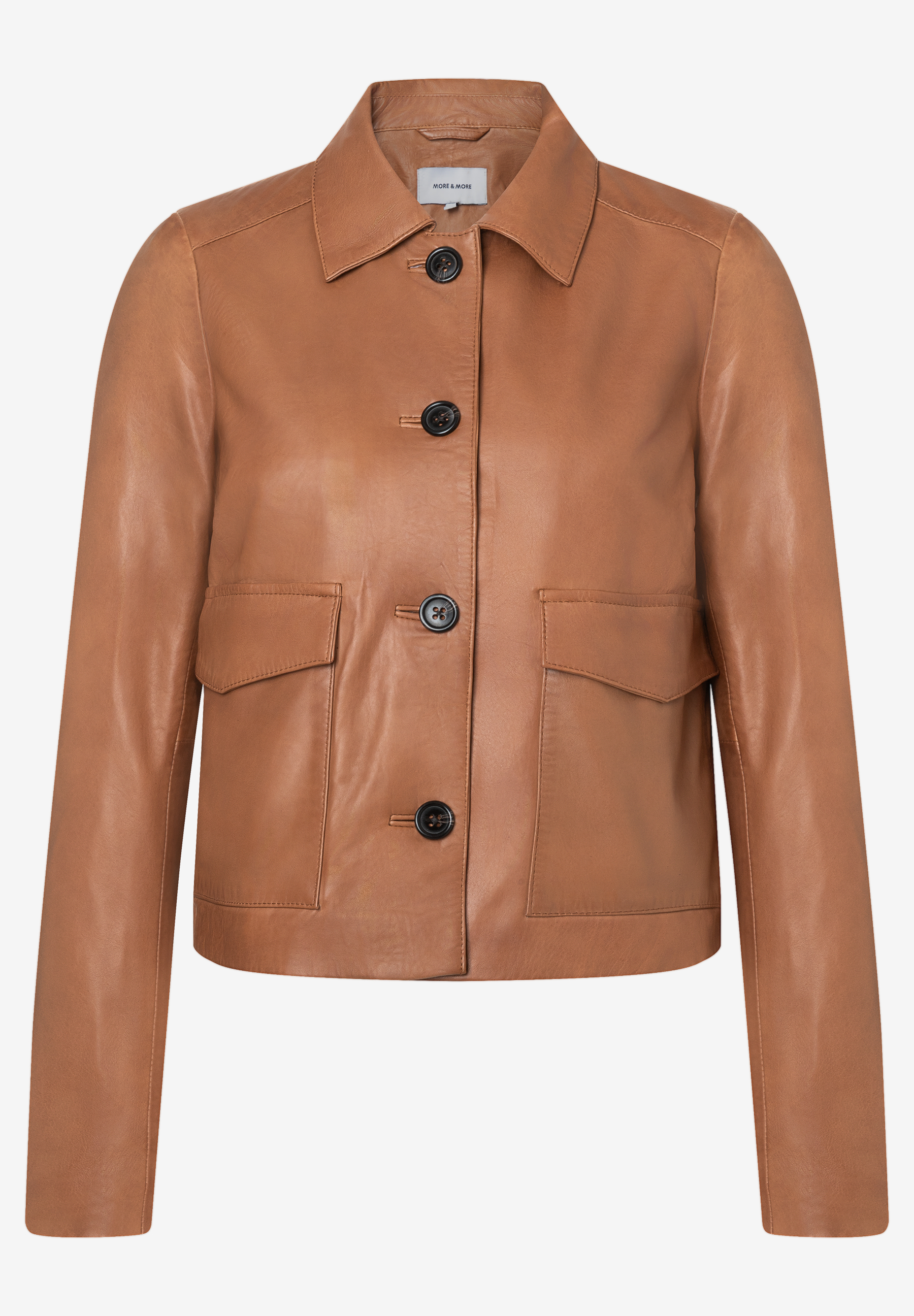 MORE & MORE Kurzjacke aus Echtleder. Langarm, Umlegekragen, durchgehende Knopfleiste, zwei aufgesetzte Pattentaschen. Angenehmer Tragekomfort. MORE & MORE Kurzjacke aus Echtleder. Langarm, Umlegekragen, durchgehende Knopfleiste, zwei aufgesetzte Pattentaschen. Angenehmer Tragekomfort.