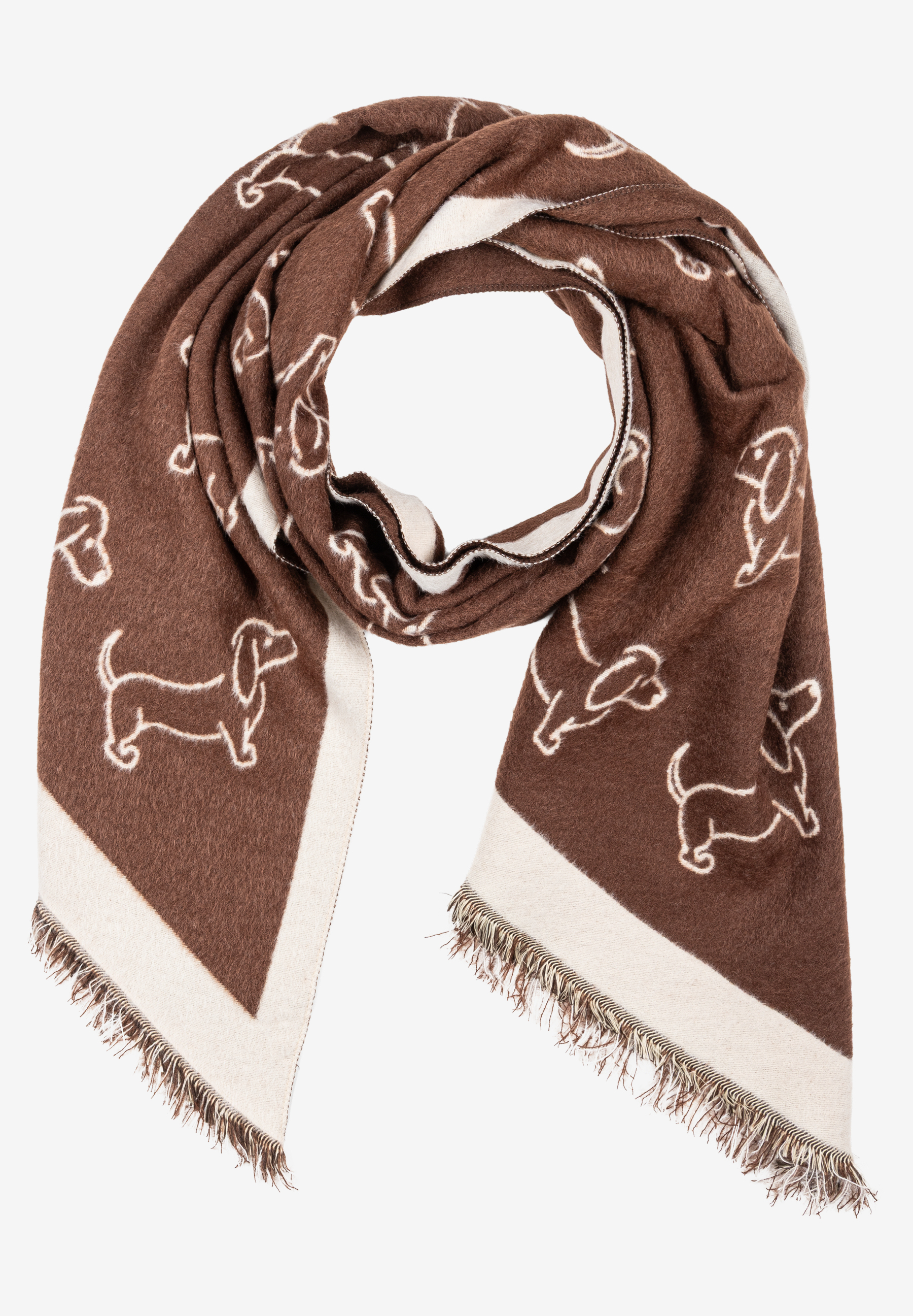 MORE & MORE Accessoires: Brauner Schal mit weissen Dackel-Motiven und Fransen. Perfekt als modisches Statement.