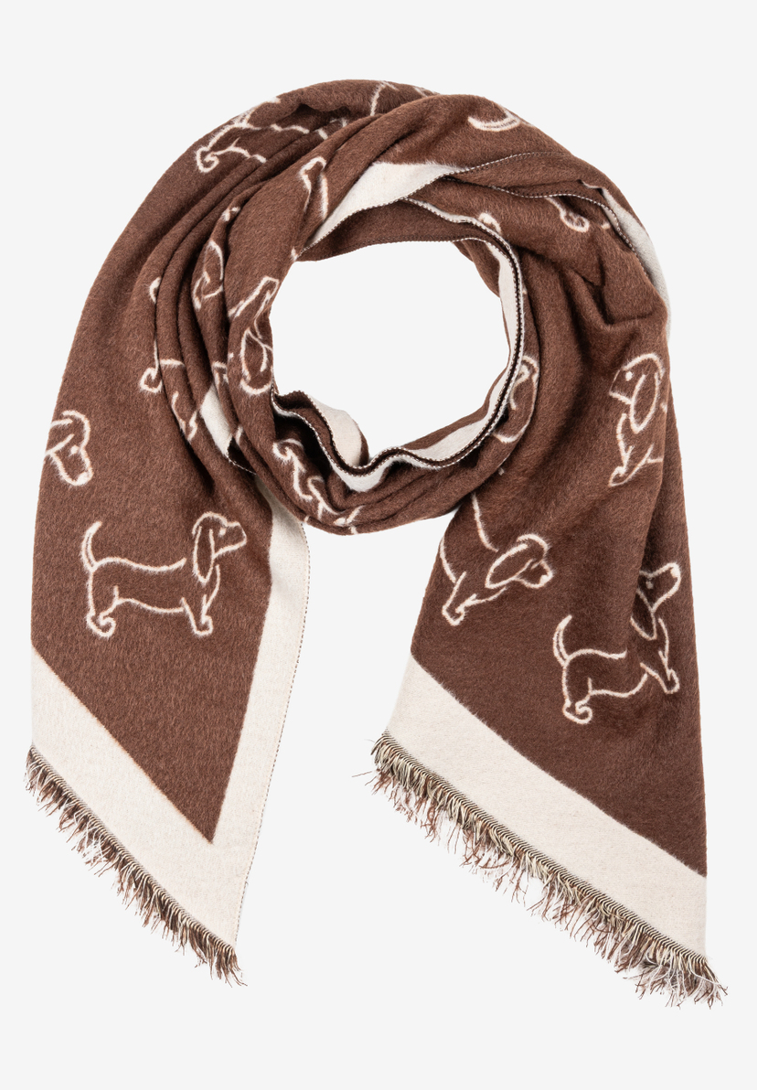 MORE & MORE Accessoires: Brauner Schal mit weissen Dackel-Motiven und Fransen. Perfekt als modisches Statement.