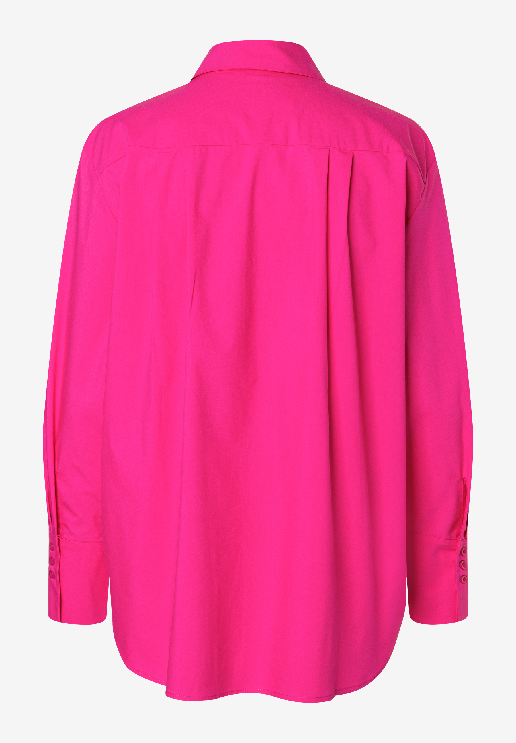 Rückansicht einer pinken MORE & MORE Bluse aus Popeline mit Knöpfen an den Ärmeln. Rückansicht einer pinken MORE & MORE Bluse aus Popeline mit Knöpfen an den Ärmeln.