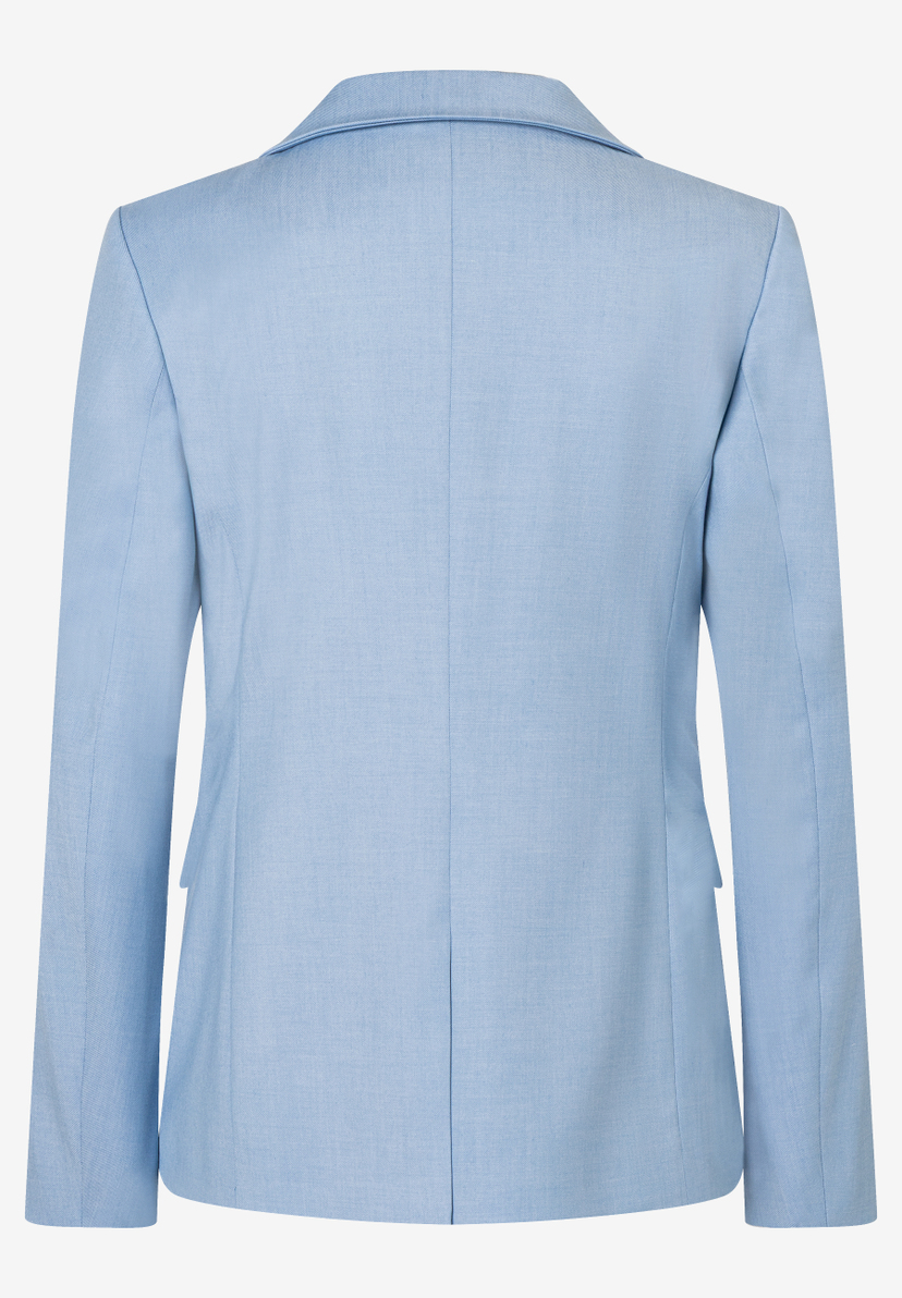 Rückenansicht eines hellblauen MORE & MORE Blazers aus Webware mit Stretch-Anteil. Rückenansicht eines hellblauen MORE & MORE Blazers aus Webware mit Stretch-Anteil.