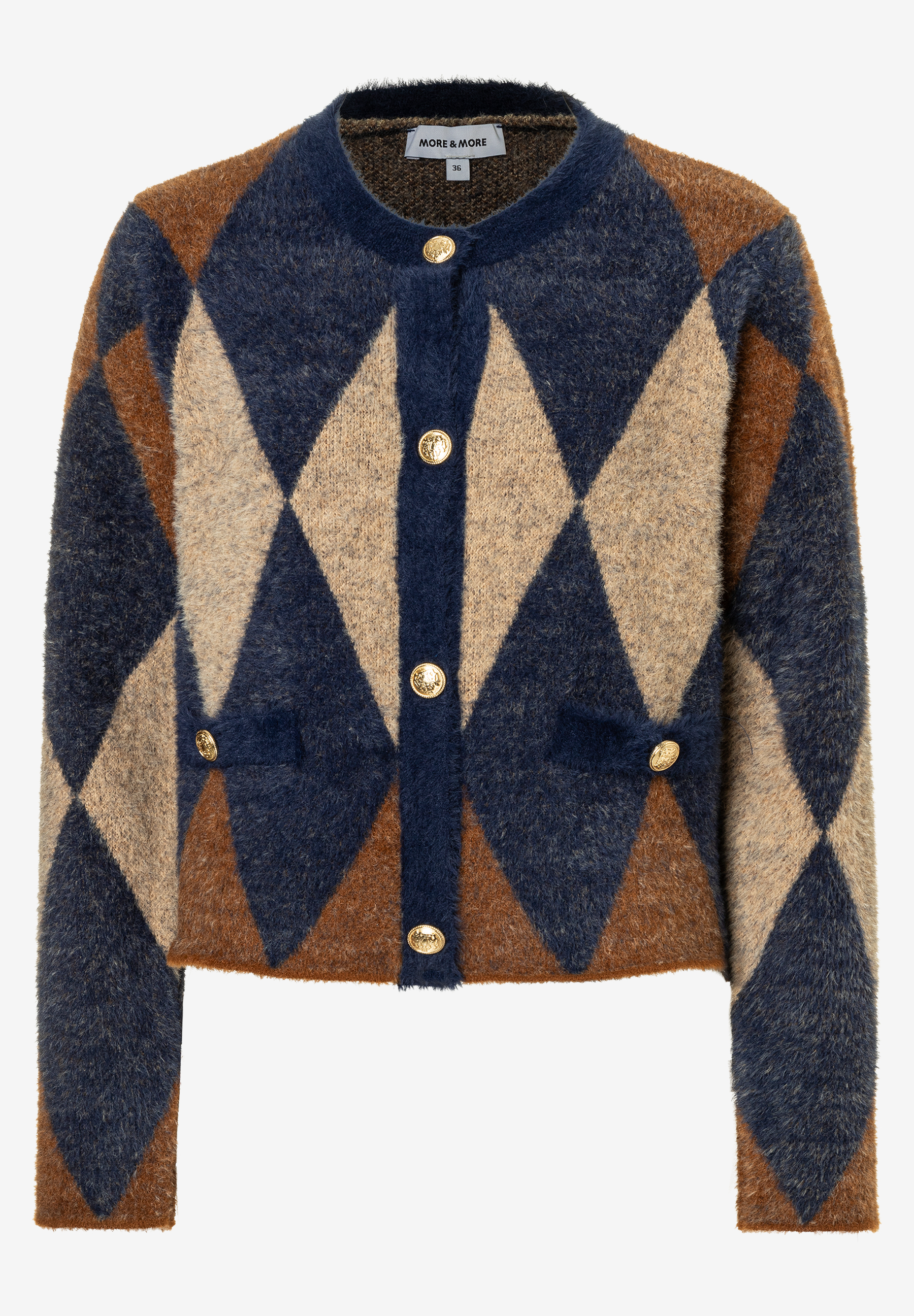 MORE & MORE Strickpullover in Marineblau, Braun und Beige mit Argyle-Muster und Goldknöpfen MORE & MORE Strickpullover in Marineblau, Braun und Beige mit Argyle-Muster und Goldknöpfen