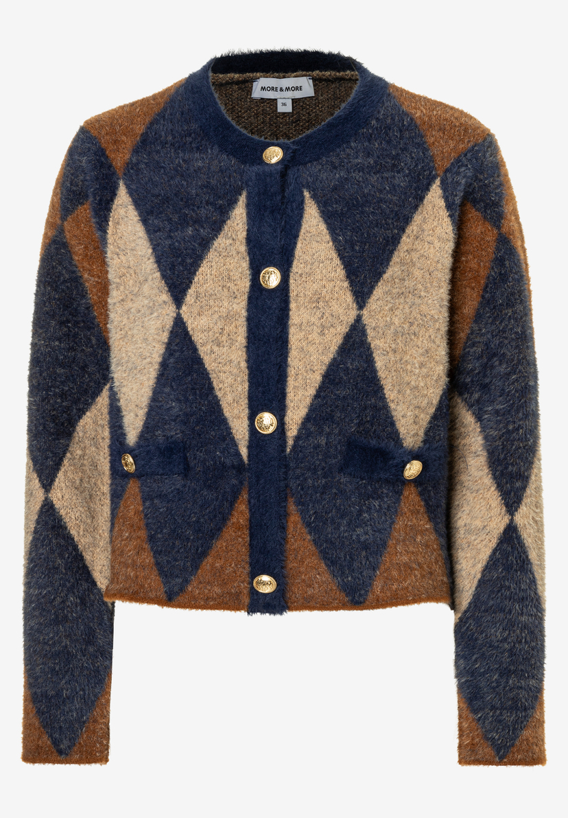 MORE & MORE Strickpullover in Marineblau, Braun und Beige mit Argyle-Muster und Goldknöpfen MORE & MORE Strickpullover in Marineblau, Braun und Beige mit Argyle-Muster und Goldknöpfen