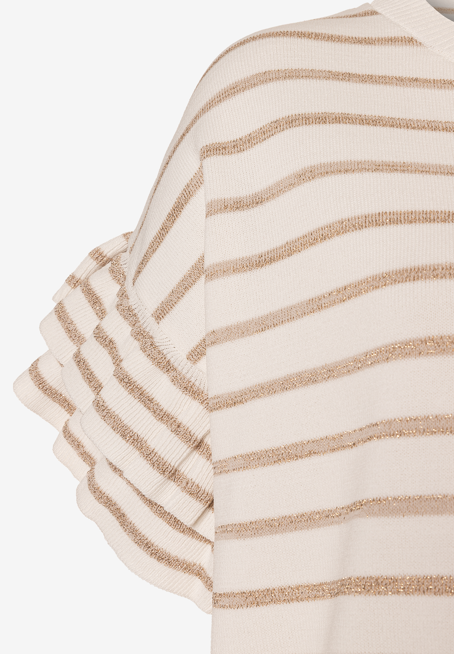 MORE & MORE Strickoberteil mit glänzenden, beigen Streifen und Rüschenärmel. MORE & MORE Strickoberteil mit glänzenden, beigen Streifen und Rüschenärmel.
